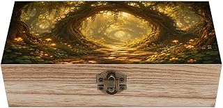 Magical Forest Path Through Ancient Trees Wooden Storage Box with Hinged Lid for Women, Compact Durable Jewelry Gift Box for Preserve Photos Letters Small Heirlooms