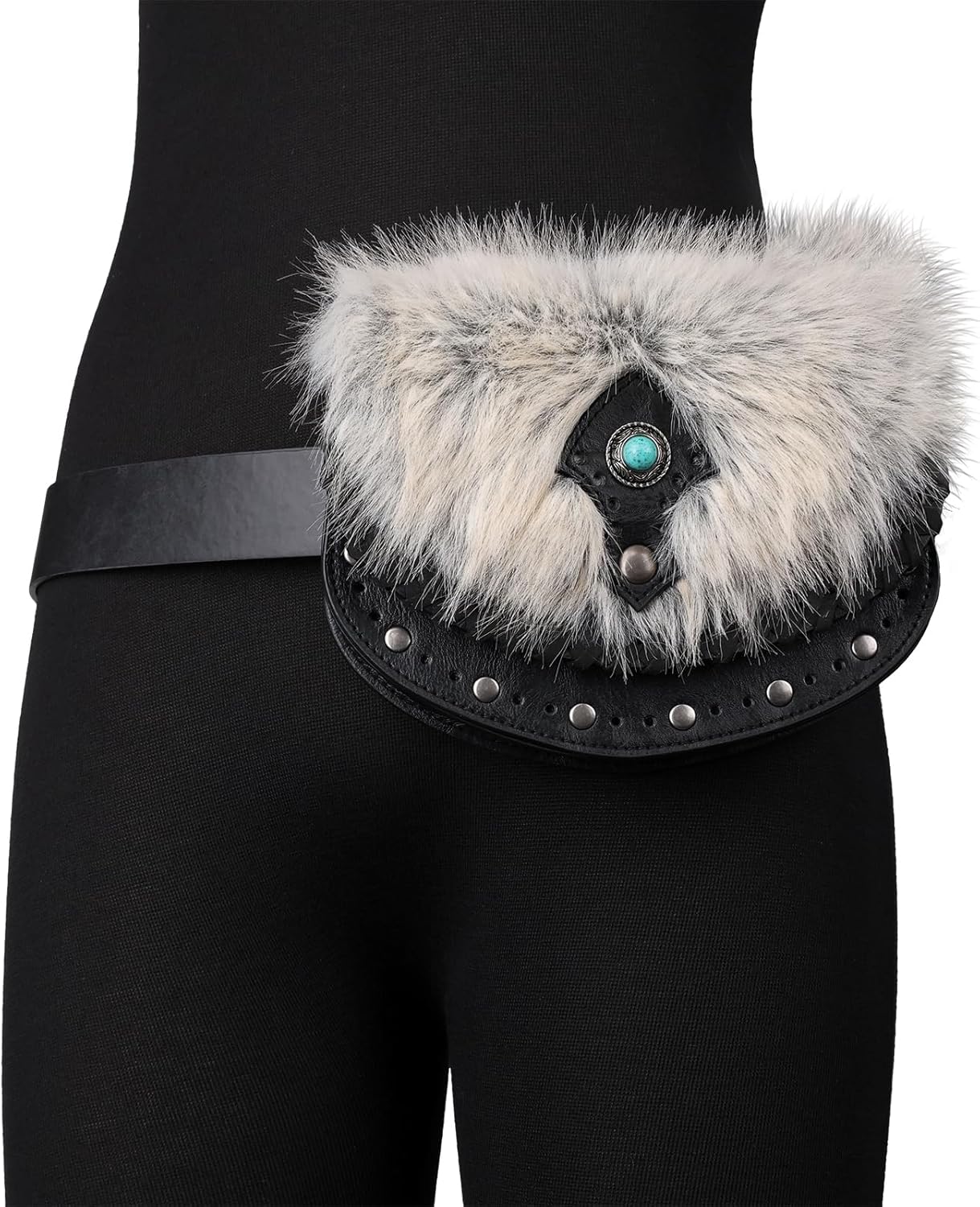 HiiFeuer Viking Faux Fur Belt Bag with Turquoise Nordic Waist Pack, Vintage Medieval Belt Pouch Portable Purses for Ren Faire (Black A)