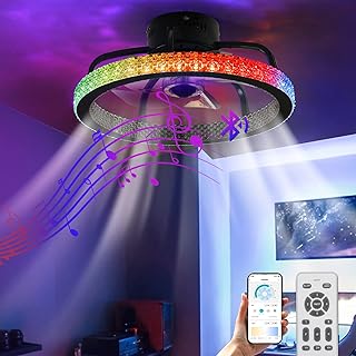 TCFUNDY Ceiling Fan with Light, 18" LED RGB Low Profile Ceiling Fan Lights with Bluetooth Speaker, Dimmable Lighting, 6 Wind Speeds Reversible Blades, App & Remote Control, Semi Flush Mount Fan