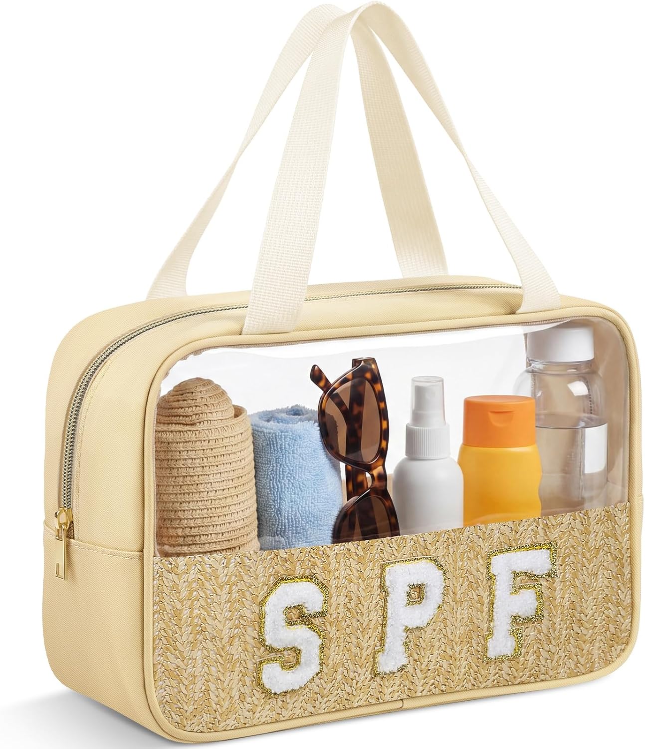 Kajaia 1 Pcs Clear Spf Bag Travel Toiletry Makeup Bags with Handle Chenille Letter Large Woven Transparent Storage Boho Preppy Patch Beach Cosmetic Bag for Summer Pool Vacation Women Gift, Beige