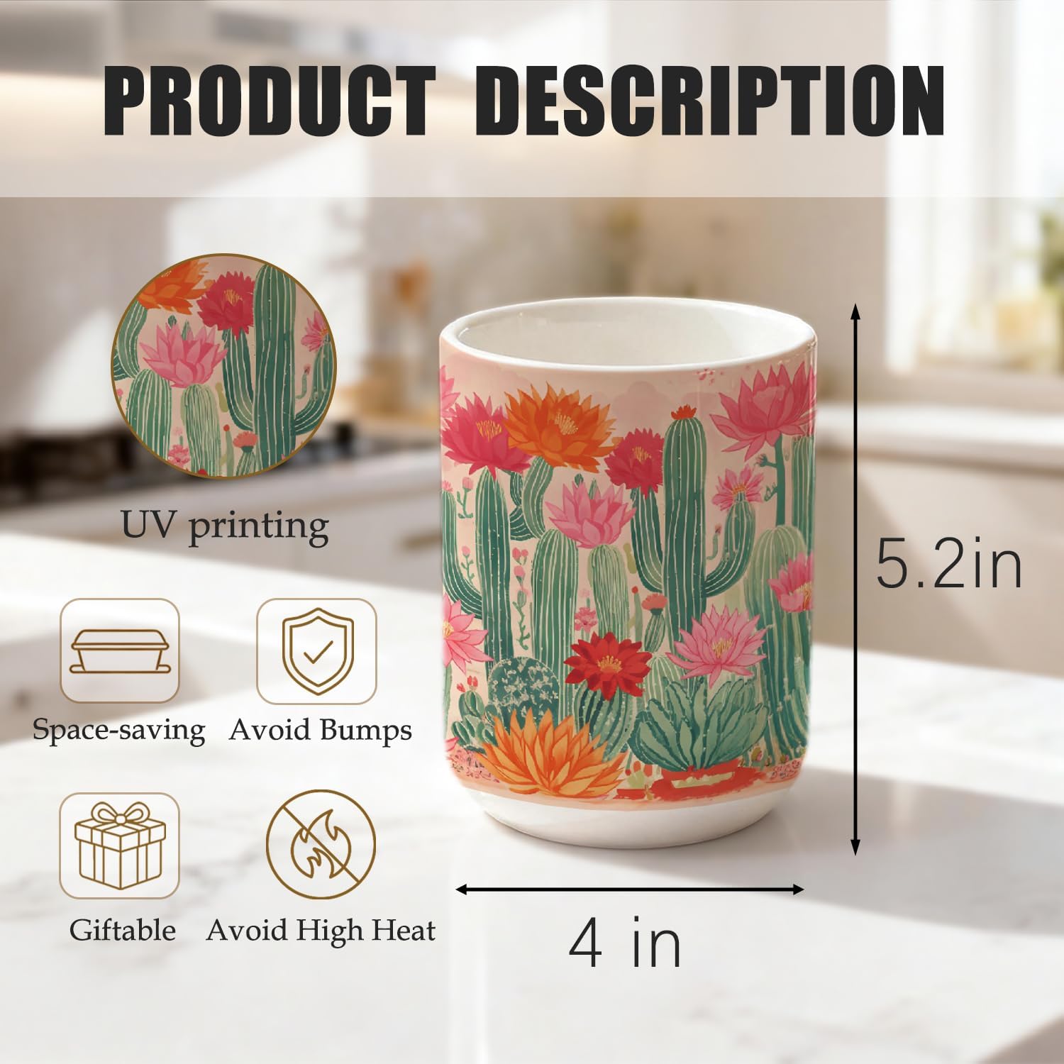 Cactus Mexican Ceramic Utensil Holder for Kitchen Counter, Boho Southwestern Vintage Succulent Cooking Crock 5.4" Decorative Utensil Holder for Countertop, Cactus Kitchen Decor image 2