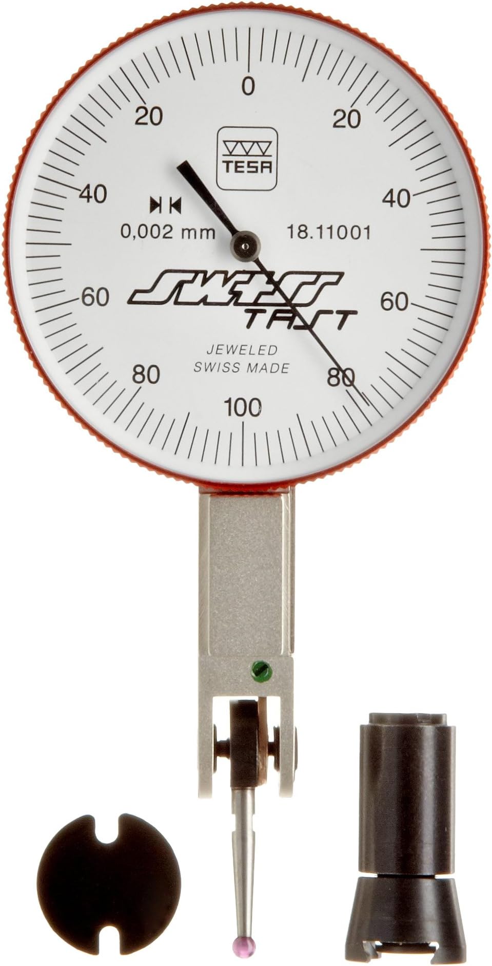 TESA Brown & Sharpe 18.11001 Swisstast Standard Dial Test Indicator, White Dial, M1.7 x 4 Thread, 2mm Stem Dia, 0-100-0 Reading, 38mm Dial Dia, 0mm-0.2mm Range, 0.002mm Gradu, +/-0.002mm Accu