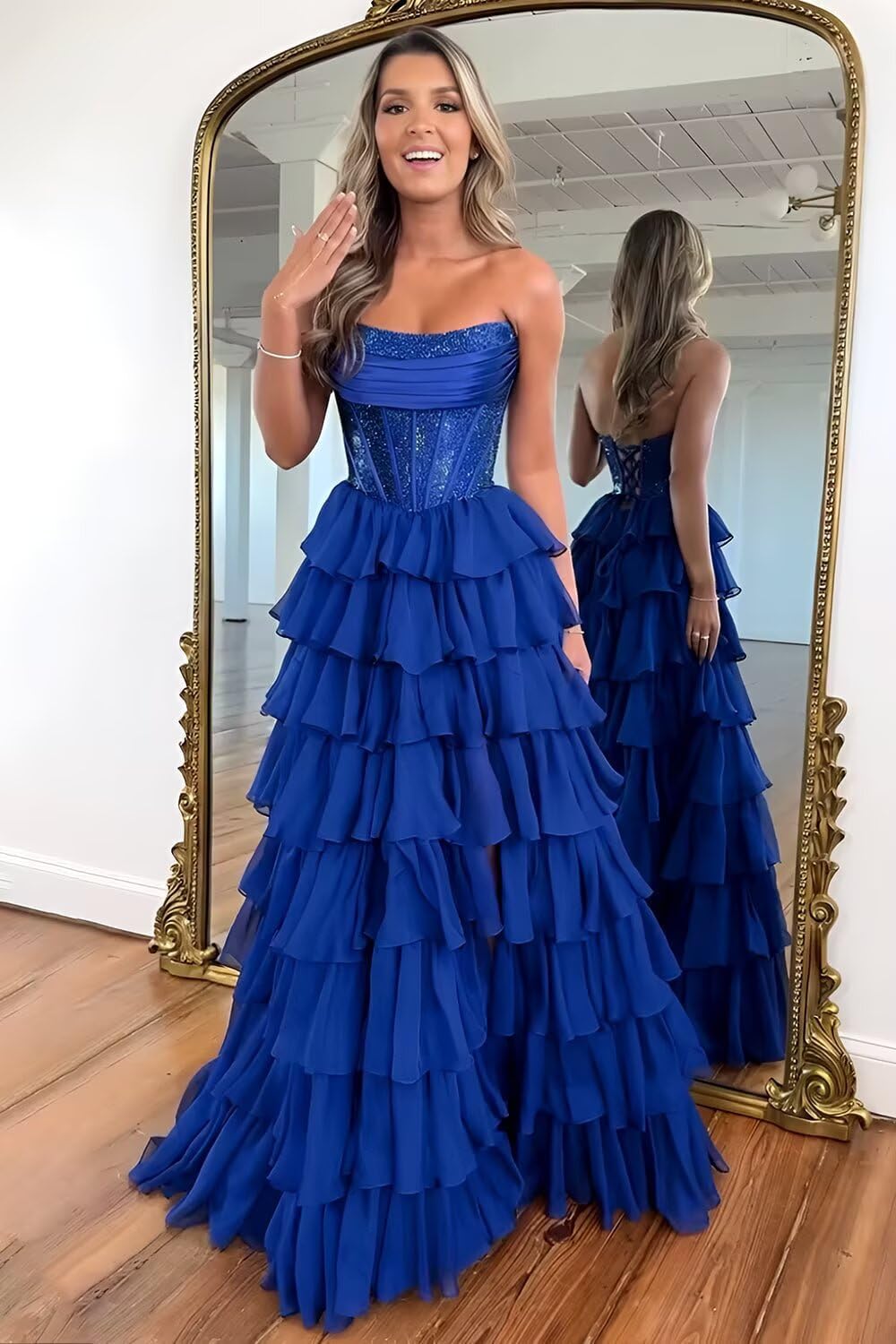 Strapless Ruffles Prom Dresses for Women Sparkly Tiered Chiffon Corset Long Formal Evening Gowns with Slit