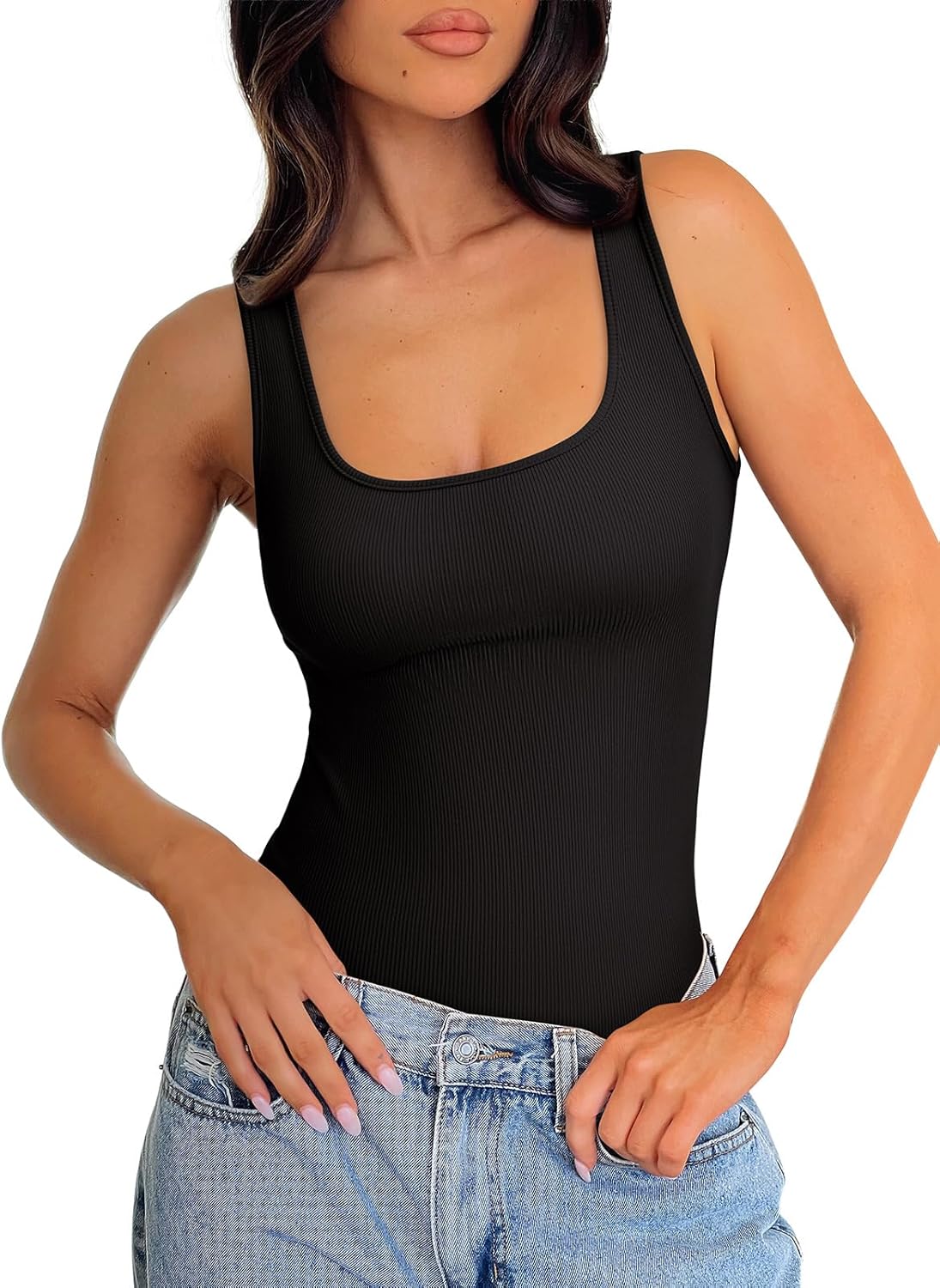 REORIA Tank Top Bodysuits for Women Ribbed Scoop Neck Sleeveless Slimming Basic Body Suit Tops Going Out Outfits 2026 Summer - Image 2