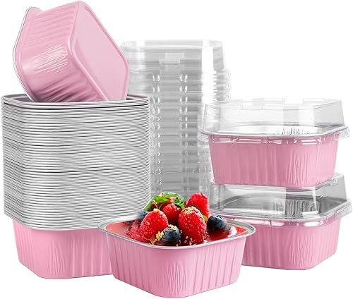 Miniatura 8 de 50 piezas de mini tazas cuadradas para hornear con tapas, mini moldes de papel de aluminio de 5 onzas con tapas, moldes desechables para tartas,