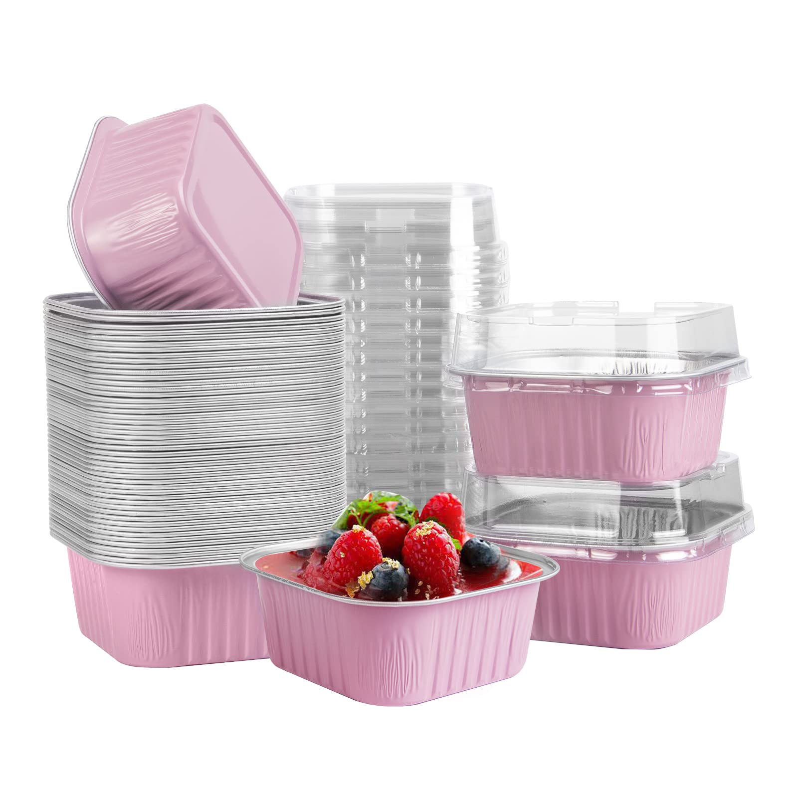 50 mini moldes cuadrados para hornear con tapas, moldes de papel de aluminio de 5 onzas con tapas, moldes desechables para tartas de ramequines, tazas de postre de 150 ml, moldes para cupcakes para