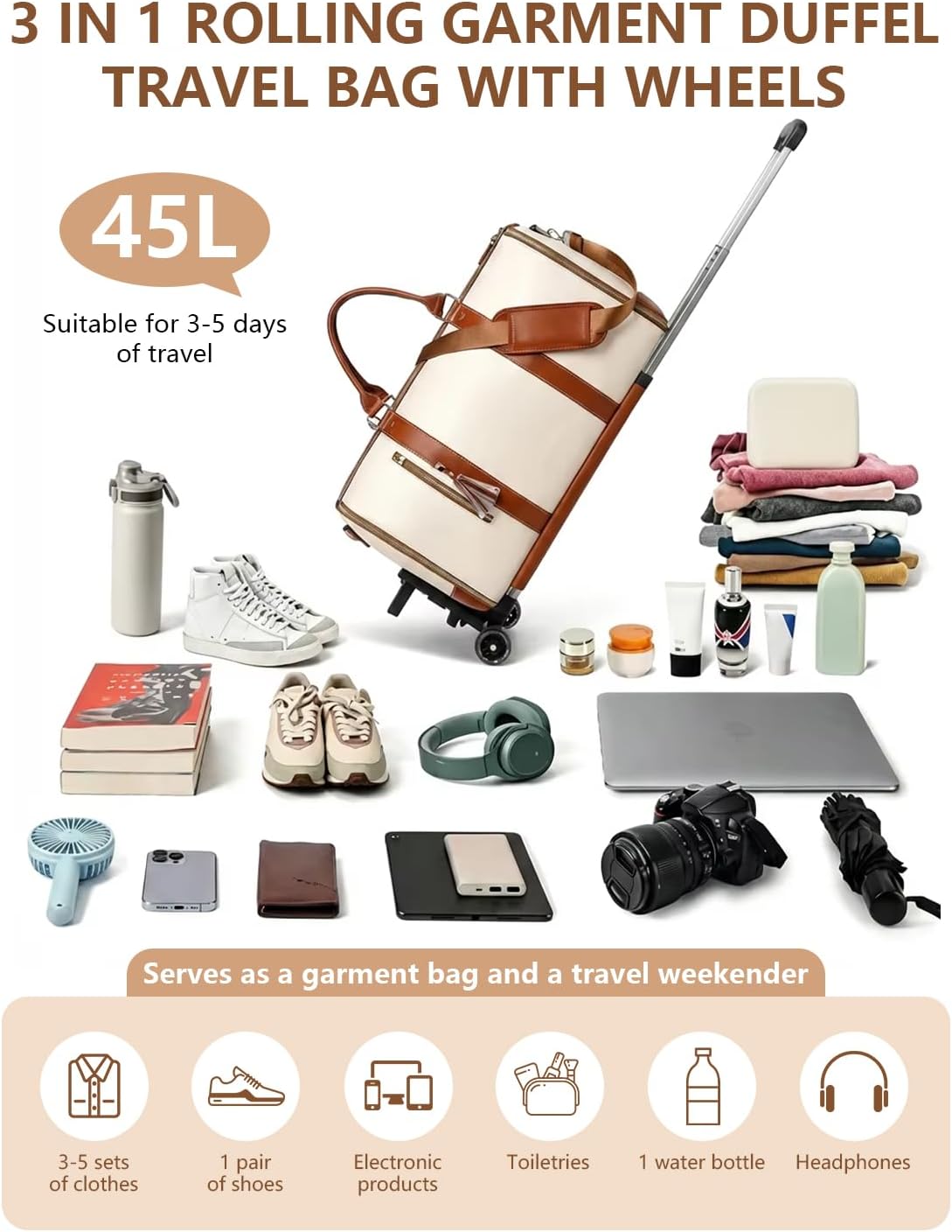 3 in 1 Convertible Garment Duffle Bags for Travel 45L Smooth Zipper Rolling Duffle Bag With Wheels Waterproof Carry On Duffle Bag for Men&Women with Weekends Weddings Business Short Trips Beige