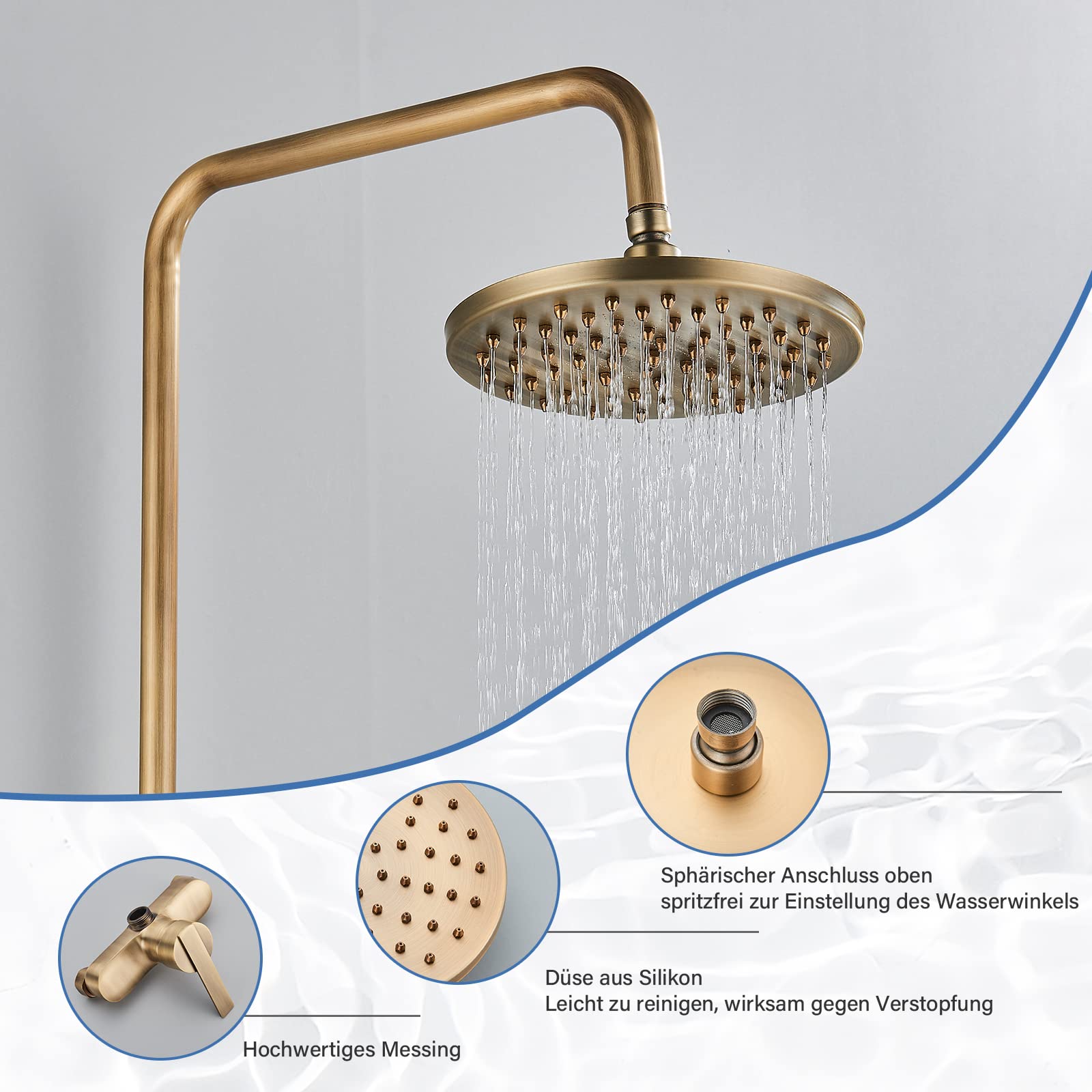 Rozin Antik Messing Duschsystem mit 8 Zoll Regendusche Duschkopf und Handbrause Einzelgriff Fertig an der Wand Montiert Retro Duschset