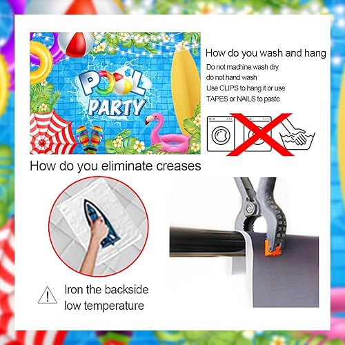 Miniatura 6 de Fondo de fiesta de verano en la piscina, anillo de natación, tabla de surf, flor de palmera tropical, fondo de fotografía, baby shower, cumpleaños,