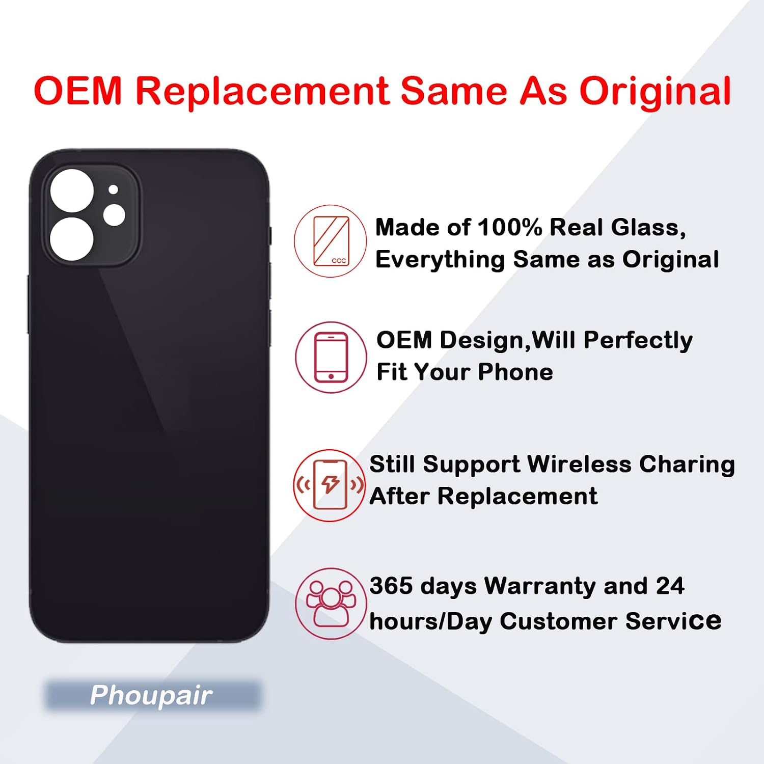 Back Glass Replacement Compatible with iPhone 12 6.1-Inches with Repairing Kit and Installation Instruction (Black)