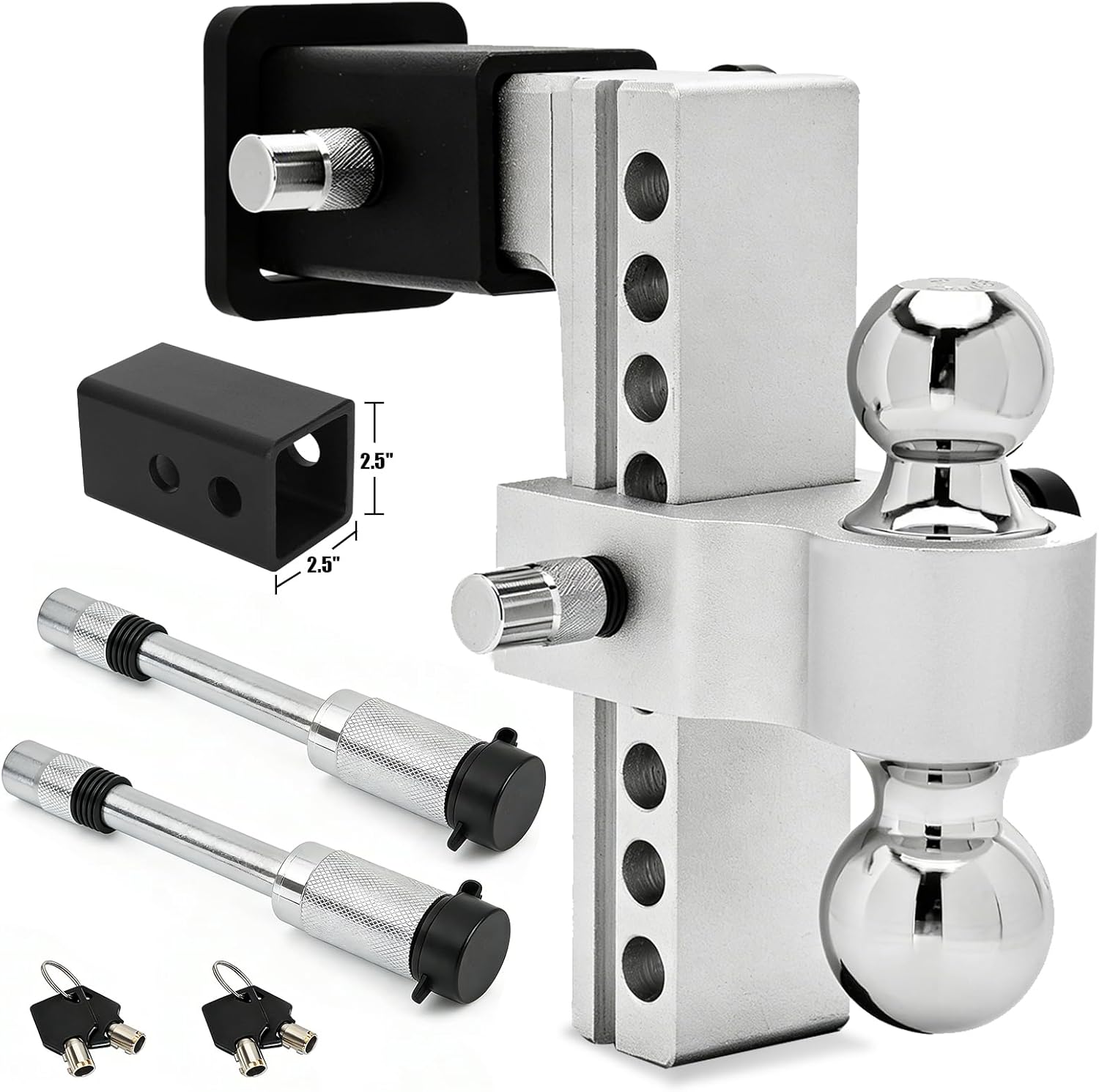 Drop Hitch 2.5 Inch Receiver, Adjustable 8 Inch Trailer Hitch Ball Mount,12000LBS GTW(2" & 2-5/16") Chrome Plated Steels Balls, Aluminum 2.5 Hitch Receiver Tow Hitches, 2 Anti-Theft Pins Locks