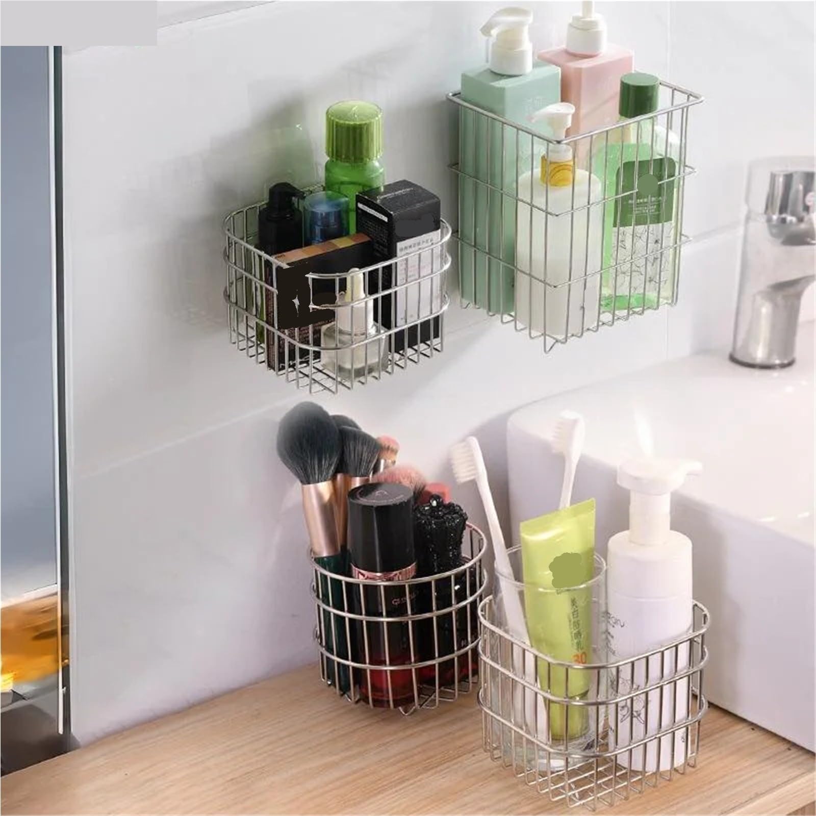 Stainless Steel Wall-Mounted Storage Basket - Adhesive Kitchen Organizer For Fruits, Vegetables & Bathroom Supplies Pour Maison(Square L)
