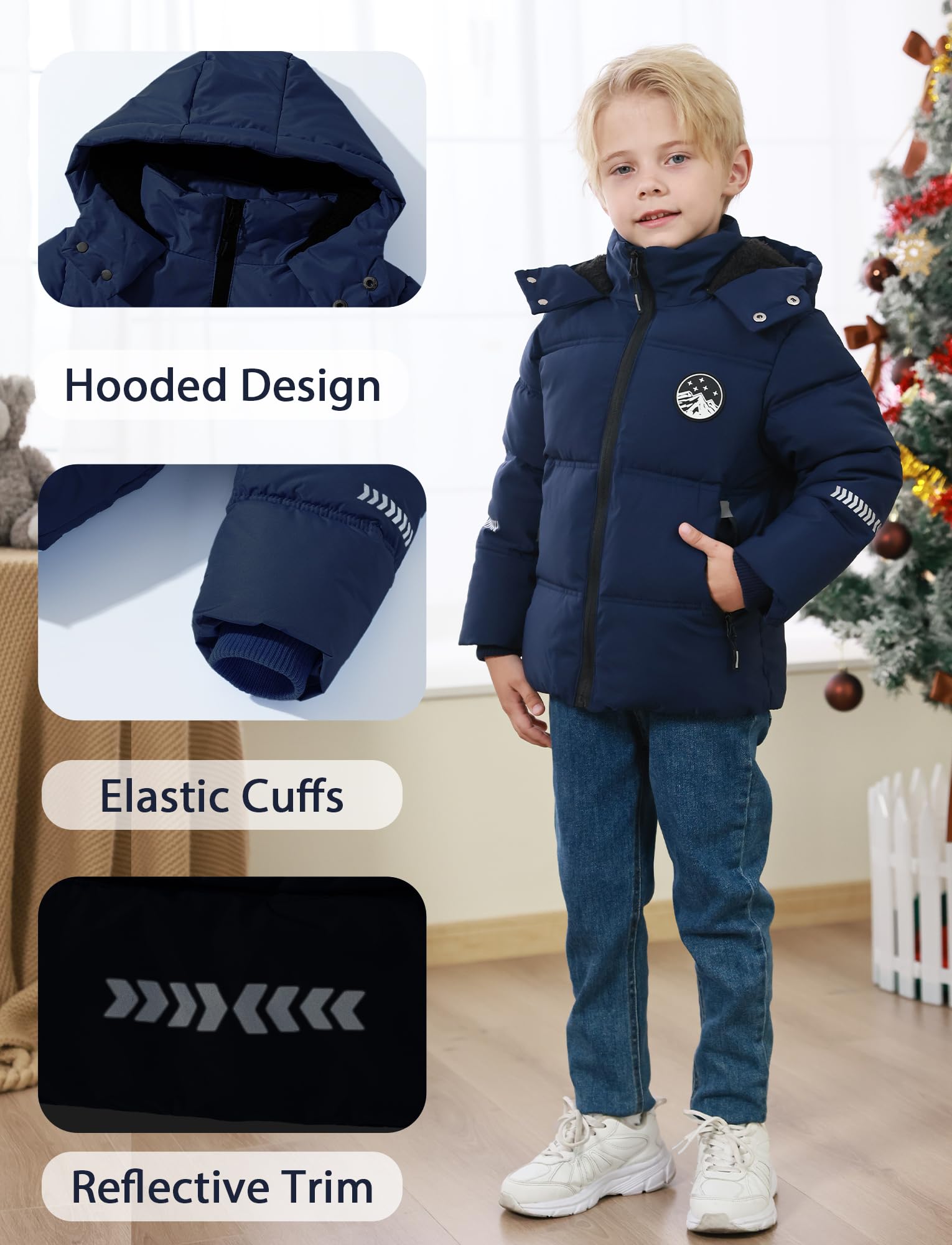 FEOYA Jungen Winterjacke Fleece Reflektierende Kinder Jacke Winter Schnee Teenager Daunenjacke Warme Coole Steppjacke Parka Mit Kapuze Mantel Wasserdicht Verdickte Gefüttert 4-12 Jahre