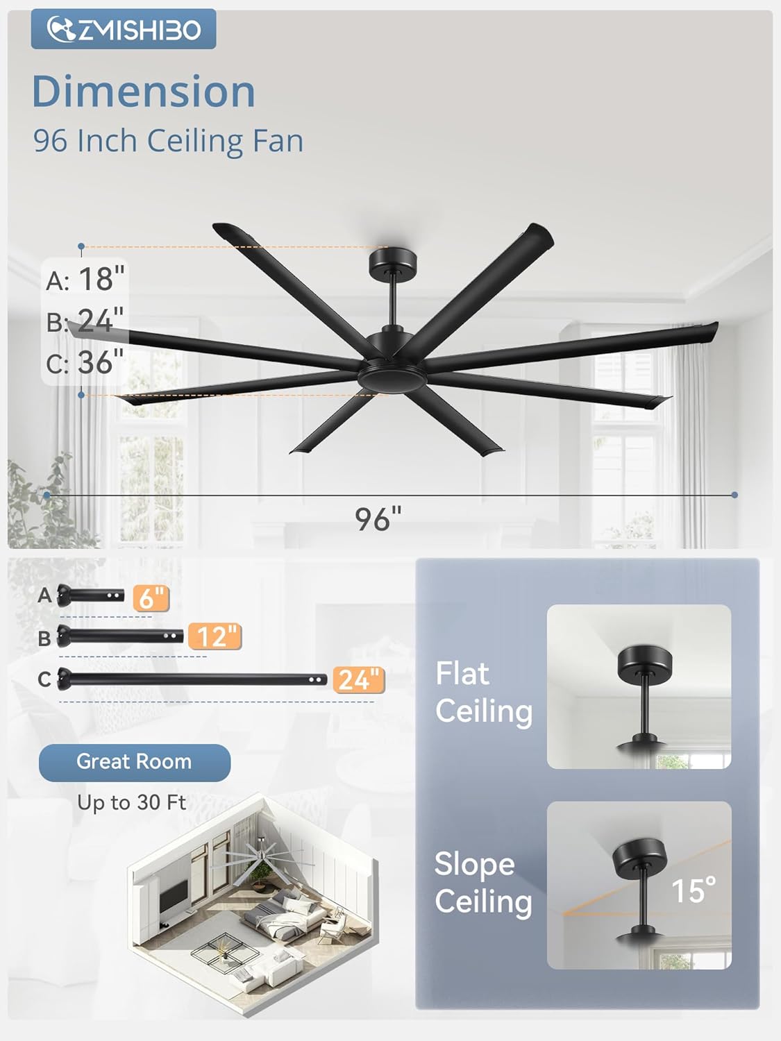 ZMISHIBO 96" Large Industrial Ceiling Fans No light with Aluminum 8 Blades, Commercial HVLS Ceiling Fan without Light,Quiet DC Motor,6 Speeds, Indoor Outdoor Ceiling Fan for Patio, Garage Shop,Black