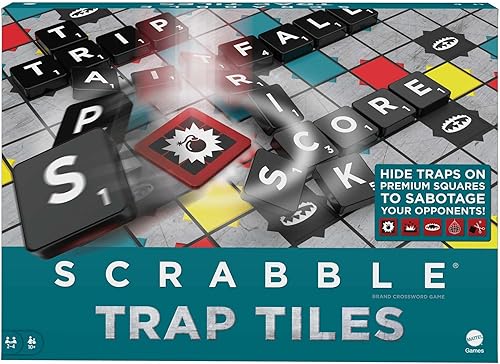 Mattel Games HLM17 Scrabble Traps Danger (versión alemana), juego de mesa de crucigramas, juego familiar para adultos y niños a partir de 10 años