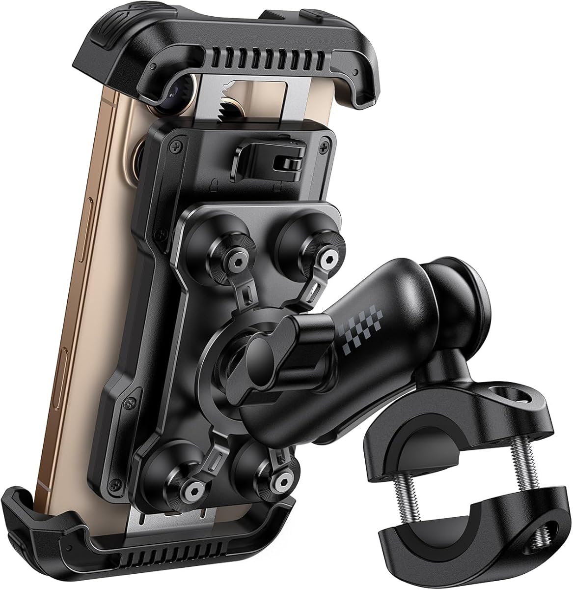 Motorcycle Phone Mount Holder - [Metal Extension Arm] [Dual Vibration Dampener] Motorcycle Cell Phone Mount, Bike Phone Handlebar Clamp for iPhone 16 15 14 13 Pro Max Plus, 4.7-6.7" Smartphone
