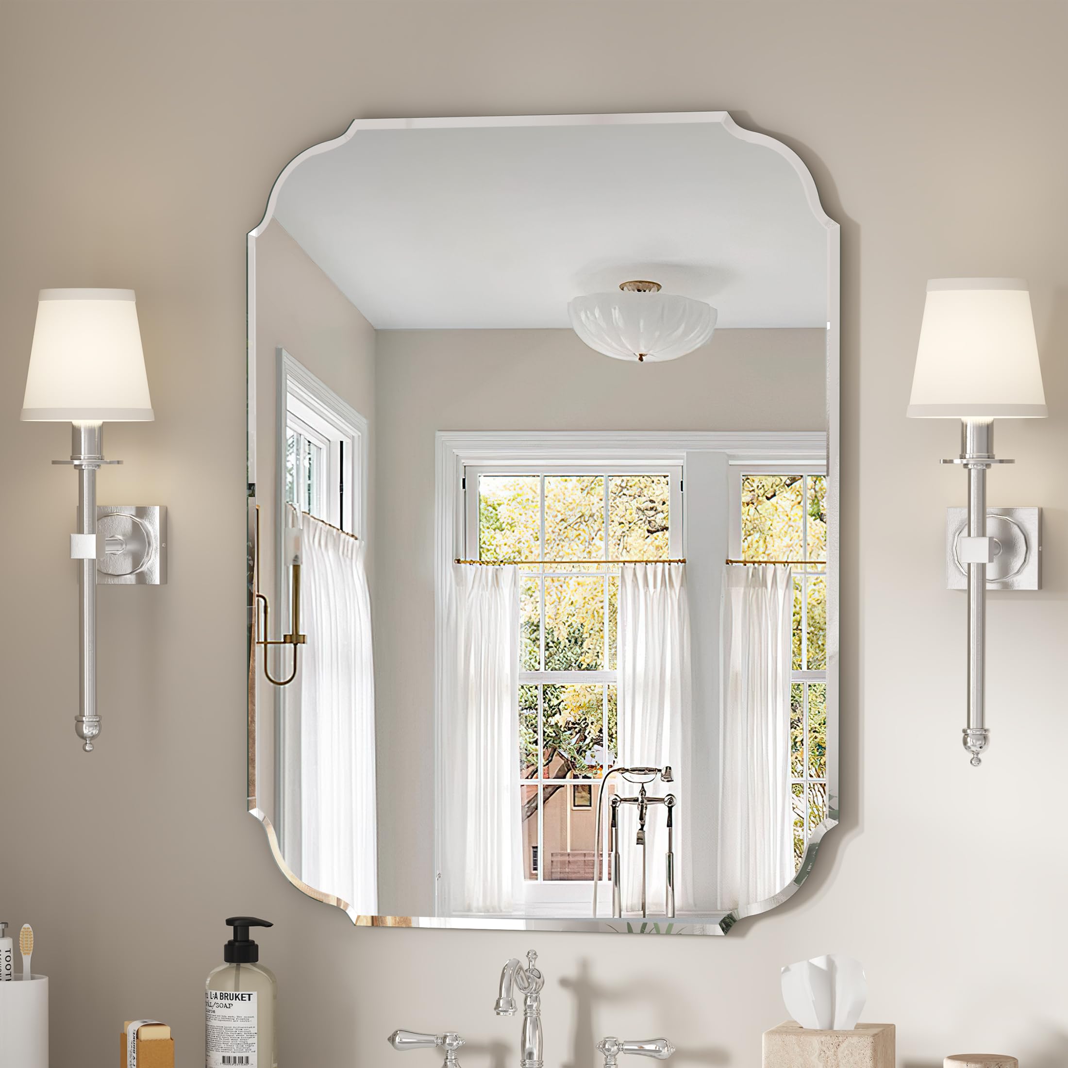 Silver Wall Mirror-Beveled Edge Frameless Mirror for Bathroom Vanity Bedroom Rectangle Mirrors 32X24inch
