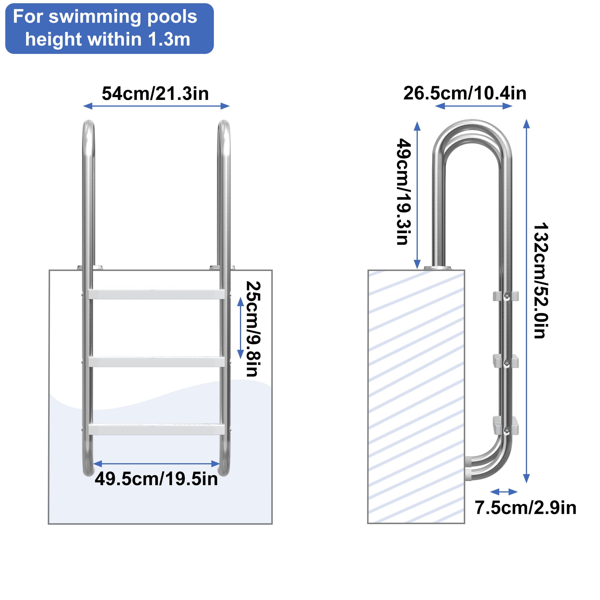 UISEBRT Échelle de piscine en acier inoxydable 304 | Échelle de piscine à 3 marches | 132 x 54 x 26,5 cm - Argent | Échelle de piscine avec antidérapant | Échelle d'accès pour piscine et bassin |