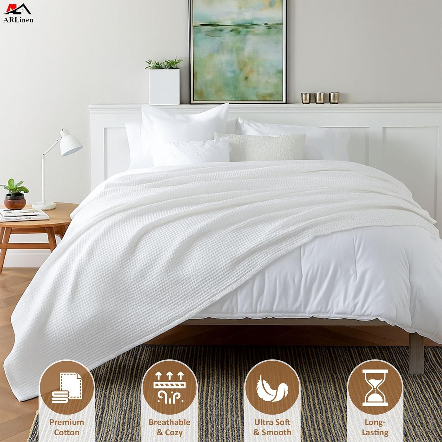 ARlinen Waffle Bed Blanket, 100% Cotton, Soft, Lightweight, Breathable, Thermal Blanket for All Seasons, Cal-King Size, White - Image 3