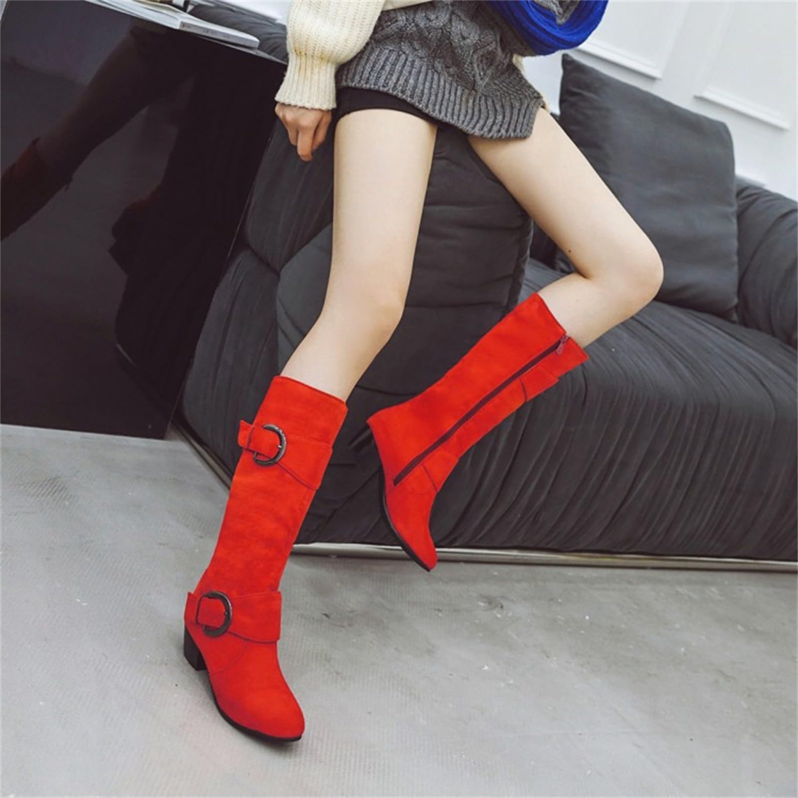 Botas de vaquero para mujer, de ante alto, hasta la rodilla, con tacón de bloque, botas largas con cremallera lateral, botas puntiagudas del oeste con hebilla, rojo, 38 EU