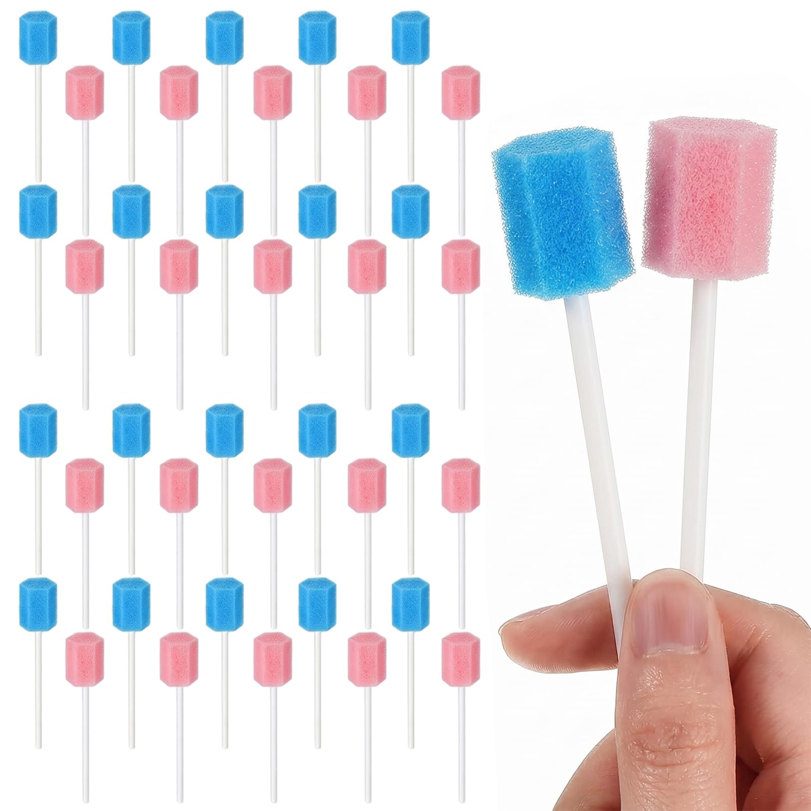 40 Pcs Écouvillon Buccal en Mousse, Bâtonnets de Soin Buccal Jetables pour Hygiène Dentaire, Éponge de Nettoyage Hexagonale pour Adultes et Enfants, 20 Rose + 20 Bleu