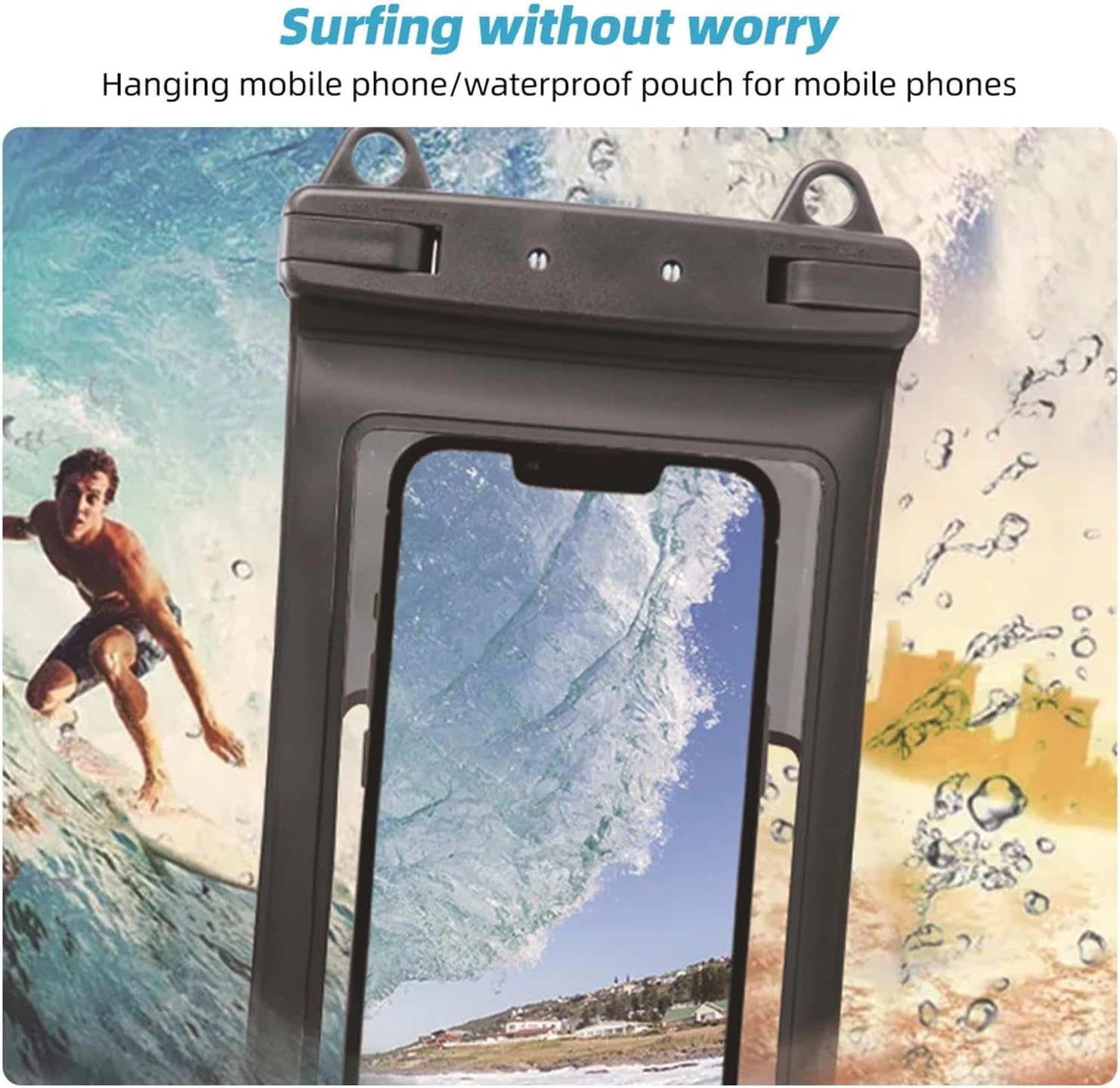 Double Hook Waterproof Phone Bag, Panoramic Transparency, Touchable Design, Suitable for Swimming, Drifting, Rowing, Skiing and Other Scenes(Black)