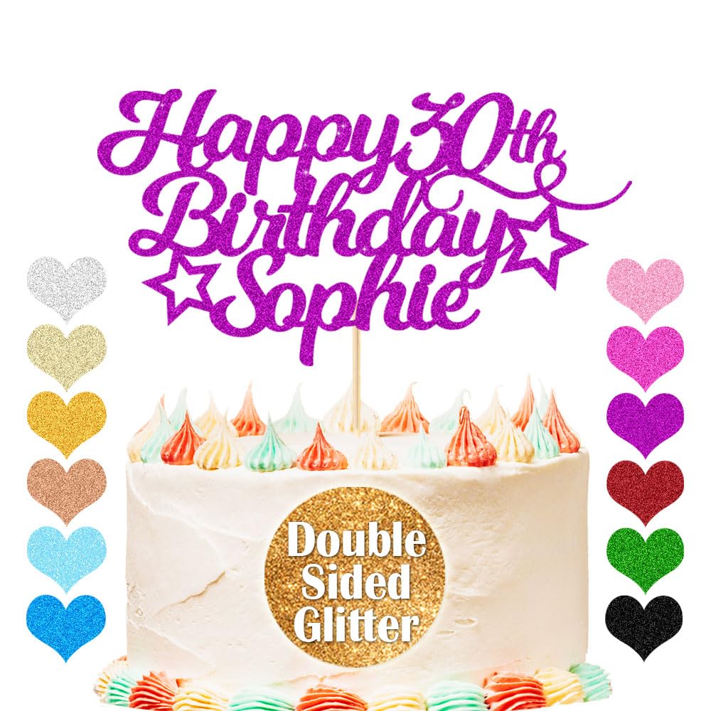 EDSG Happy Birthday Cake Topper Personalised, Custom Cake Topper with Any Age Name, Double-Sided Glitter Cake Topper 13th 16th 18th 21st 30th 40th 50th 60th 80th (with Colored Star Set) - 4