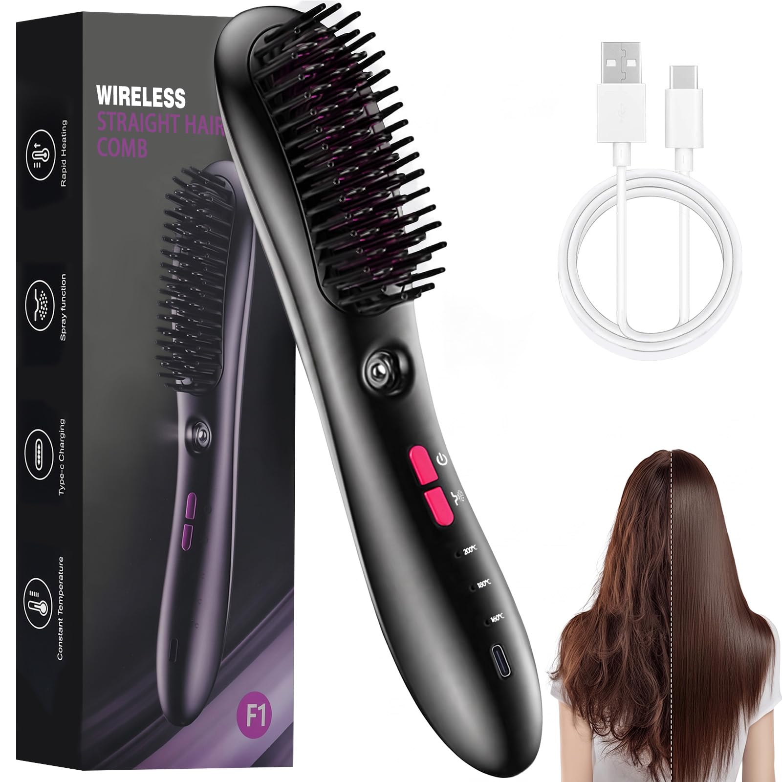 Glättbürste, Warmluftbürste für kurze Haare, Stylingbürste für kurze Haare | kabellos mit Pflegespray, gegen Haarknoten, glättet, 25s Keramikheizung, 3 Stufen, reisefreundlich, haarschonend.