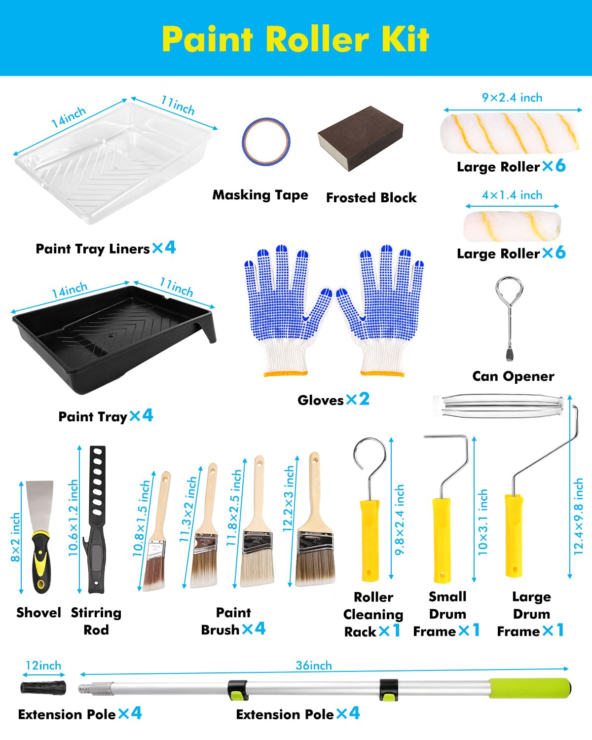 32-teiliges Farbroller-Set mit Verlängerungsstange, Farbroller, Rahmen, Pinsel, Tablett und Liner, professionelles Malerzubehör für Wände, Decken, Haus, Innenraum