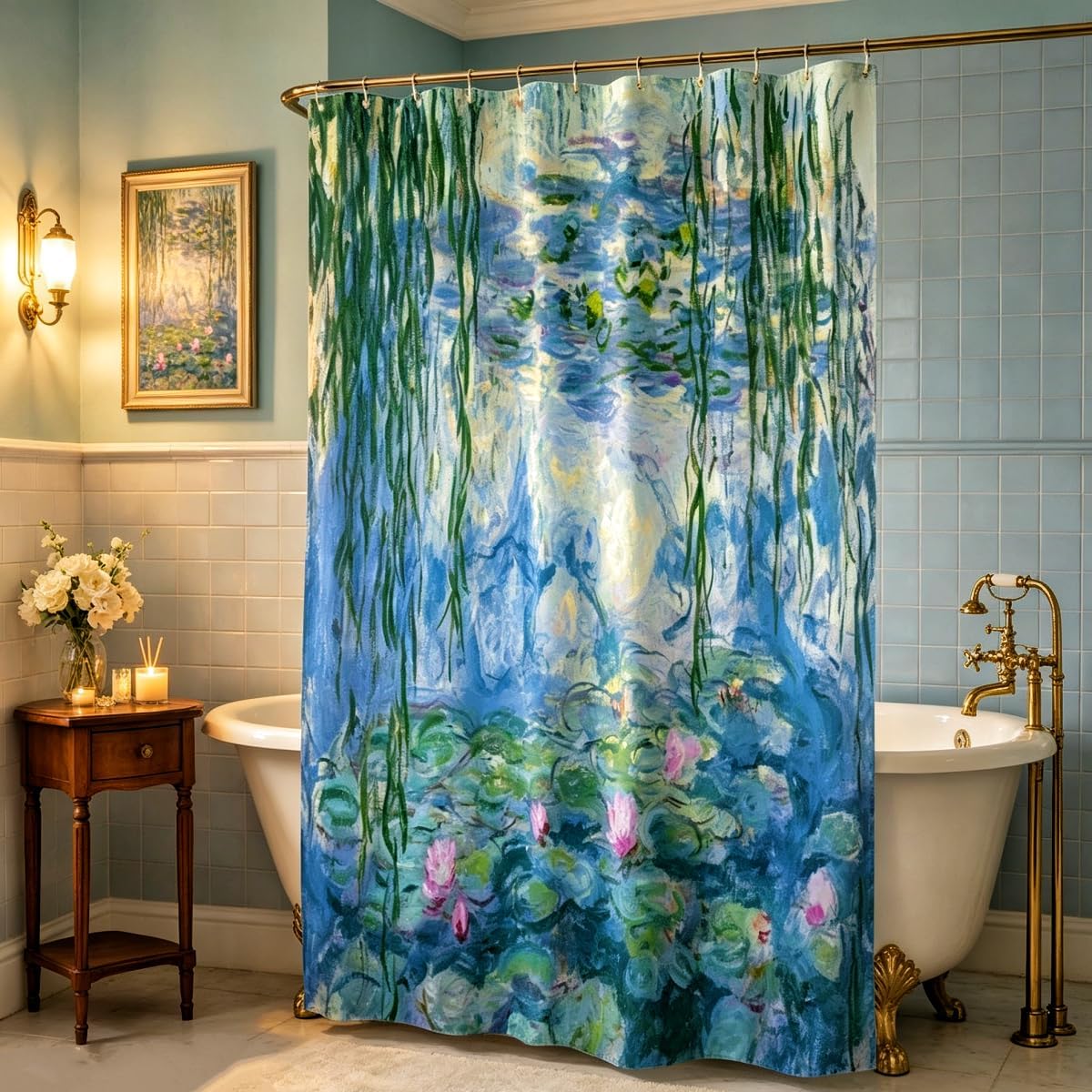 IcosaMro Monet Water Lilies Lotus Shower Curtain Watercolor Floral Decor