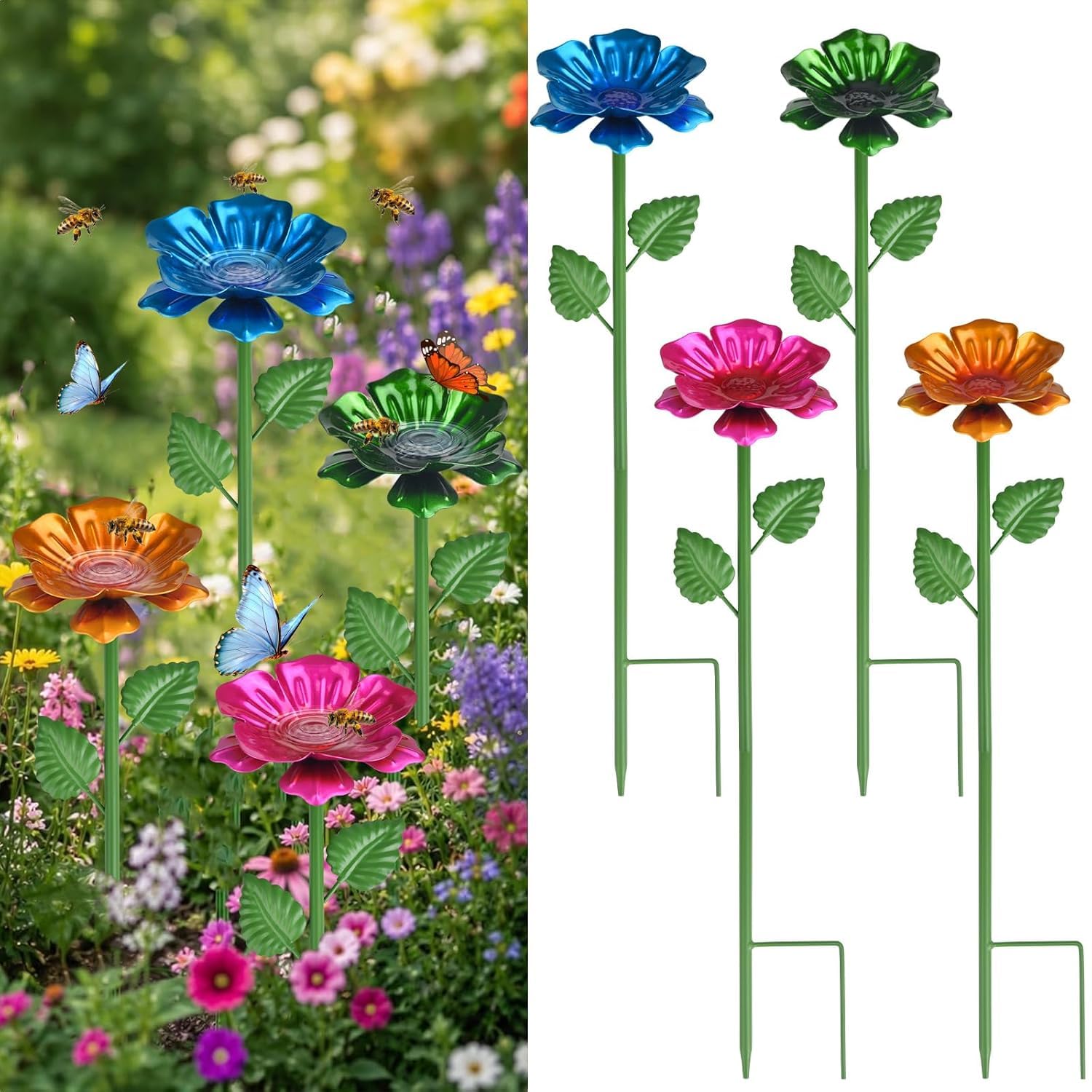 Bee watering Station for Garden 4 Pcs Bee Cups Flower Shaped, Colorful Bee Baths with Metal Decorative Stakes
