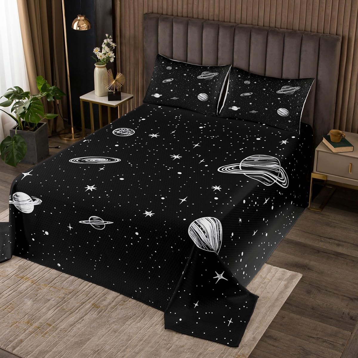 Manfei Glitter Galaxy Bedspread King,Mystery Outer Space Blue Black Quilted Coverlet 3pcs for Adults Teens Room Decor,Shining Starry Sky Cloud Bedding Quilt