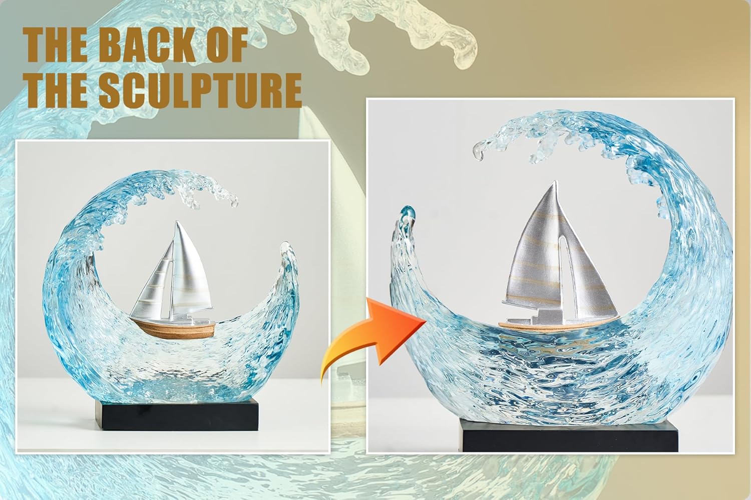 Sailboat Sculpture Ocean Wave Art Decor, Handcrafted Blue Clear Resin Wave with Sailboat, Modern Nautical Statue Table Decortions for Living Room Office Desk Entryway