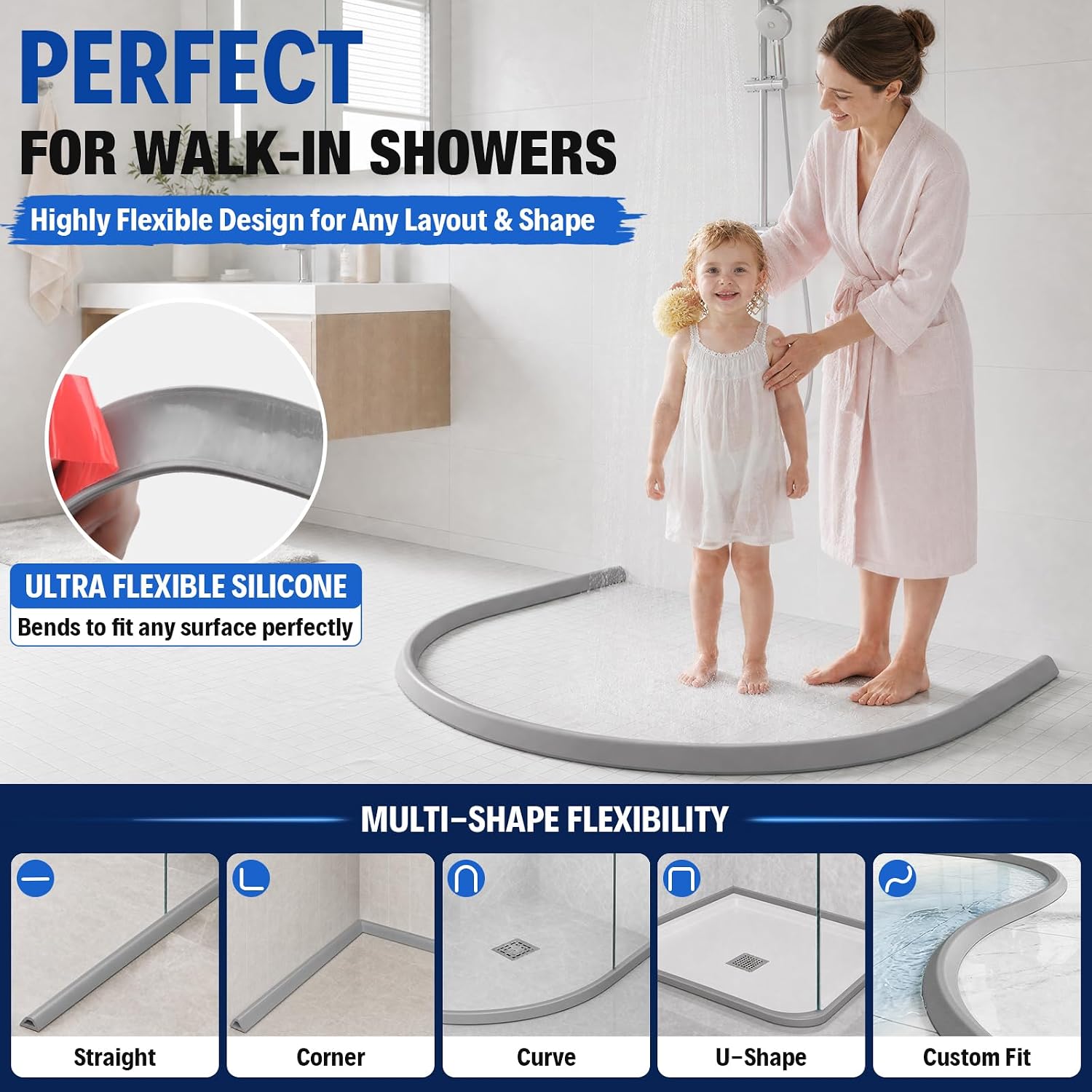 alophoty Shower Threshold Water Dam Barrier - 39" Collapsible Self-Adhesive Silicone Water Stopper for Walk-in Shower, Wet & Dry Separation for Bathroom & Kitchen, ADA Accessible, Gray