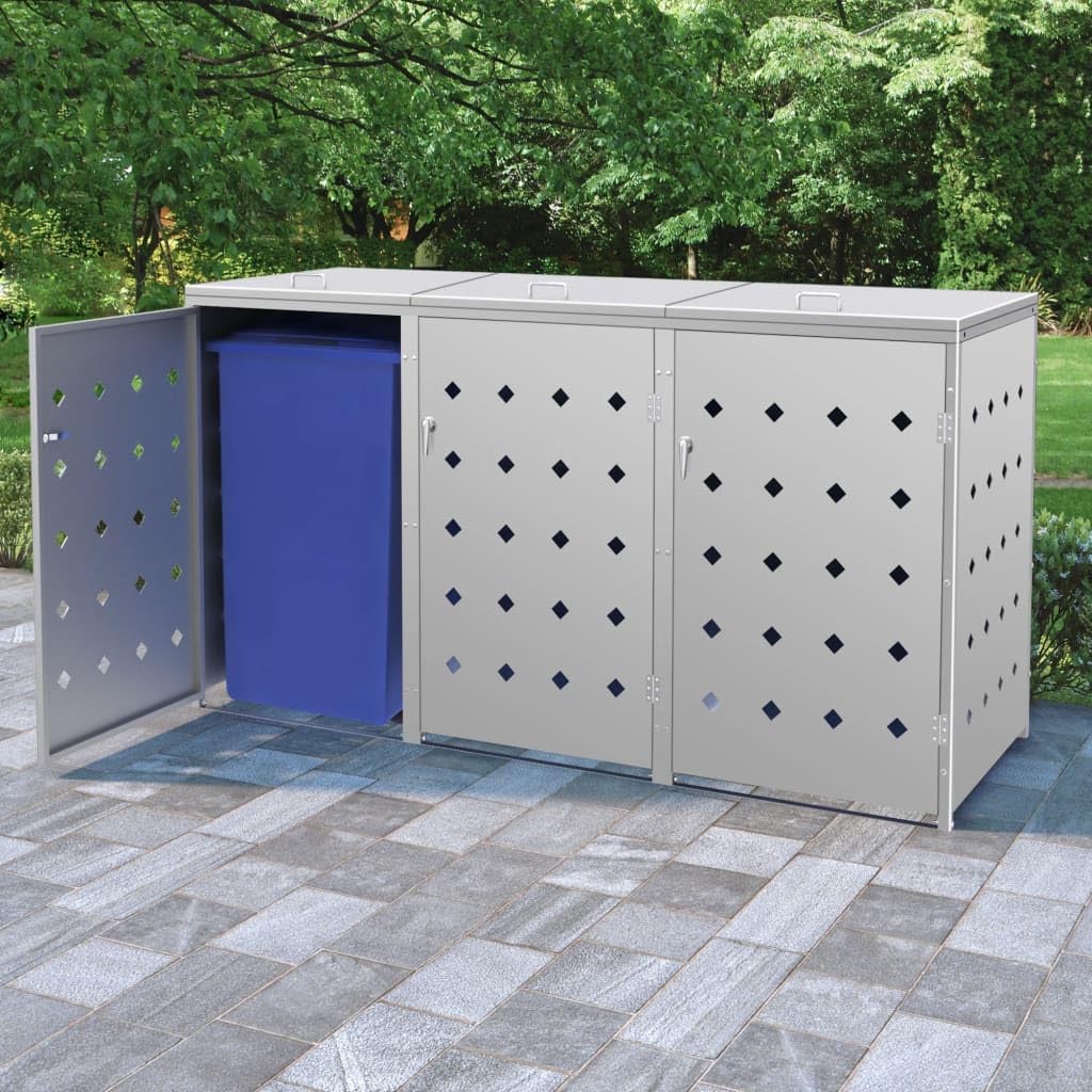 Mülltonnenbox aus Edelstahl für 3 Mülltonnen 240 L mit Tür und Schloss, witterungsbeständig, Lüftungsöffnungen, Mülltonnenverkleidung für Garten Terrasse Einfahrt