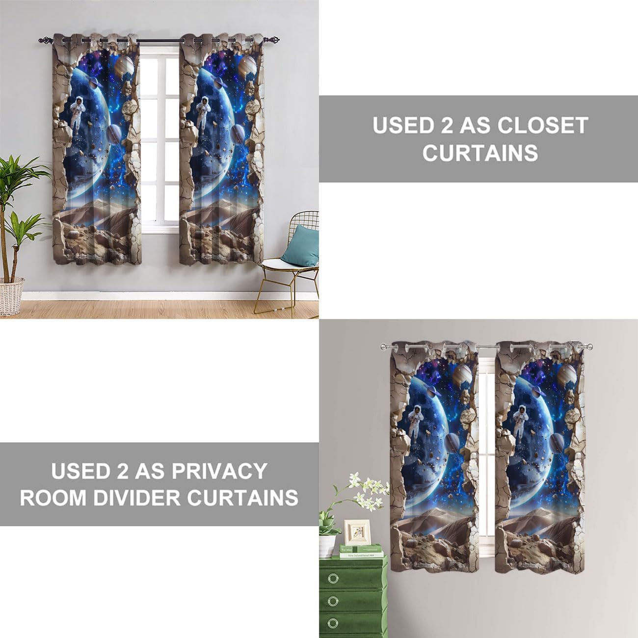 Galaxy Astronaut Door Curtain Home Decor, Planets Spaceships 3D Space Scene Room Darkening Blackout Curtain for Privacy Bedroom Doorway Living Room 1 Panel 34" W X 80" L