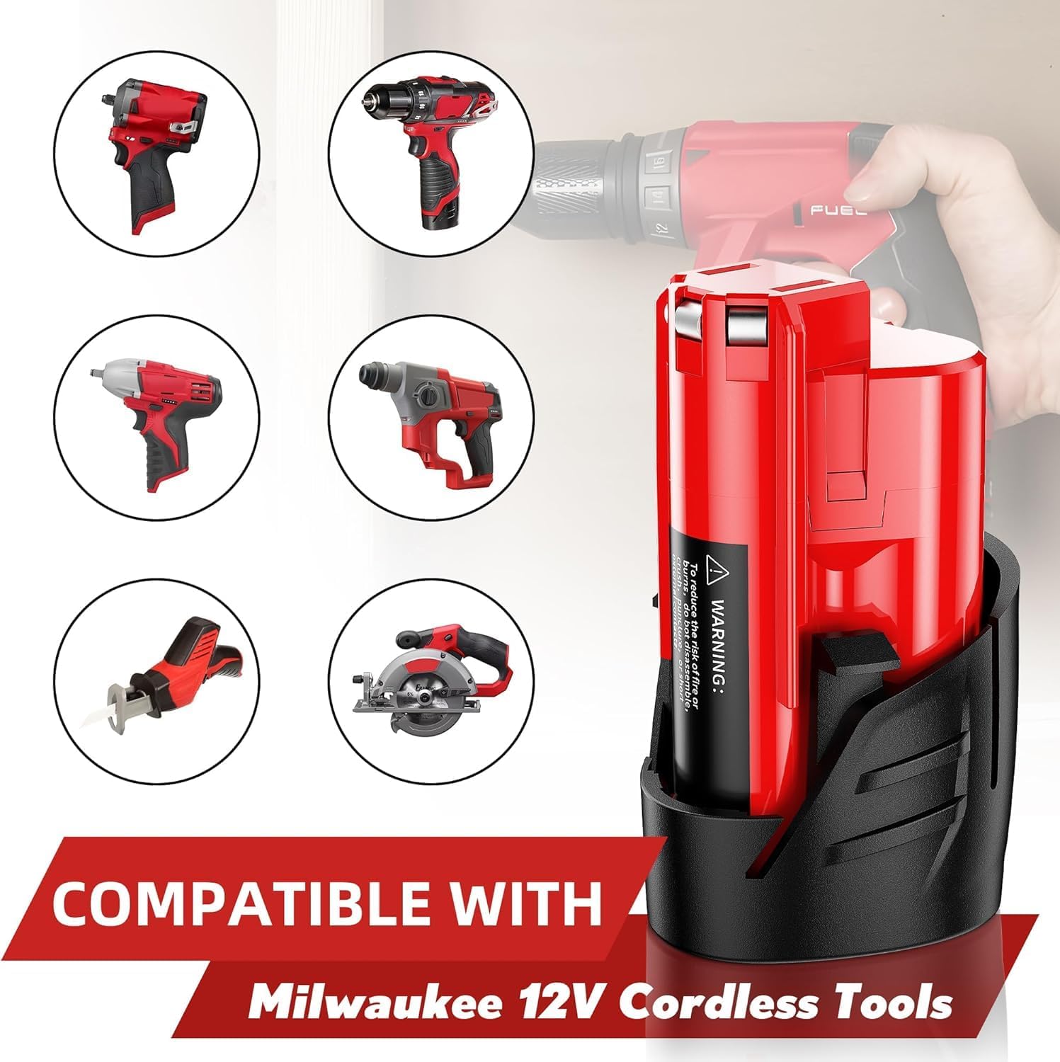 Image showing various Milwaukee 12V cordless tools compatible with the battery, including a drill, impact driver, ratchet, nailer, chainsaw, and vacuum.