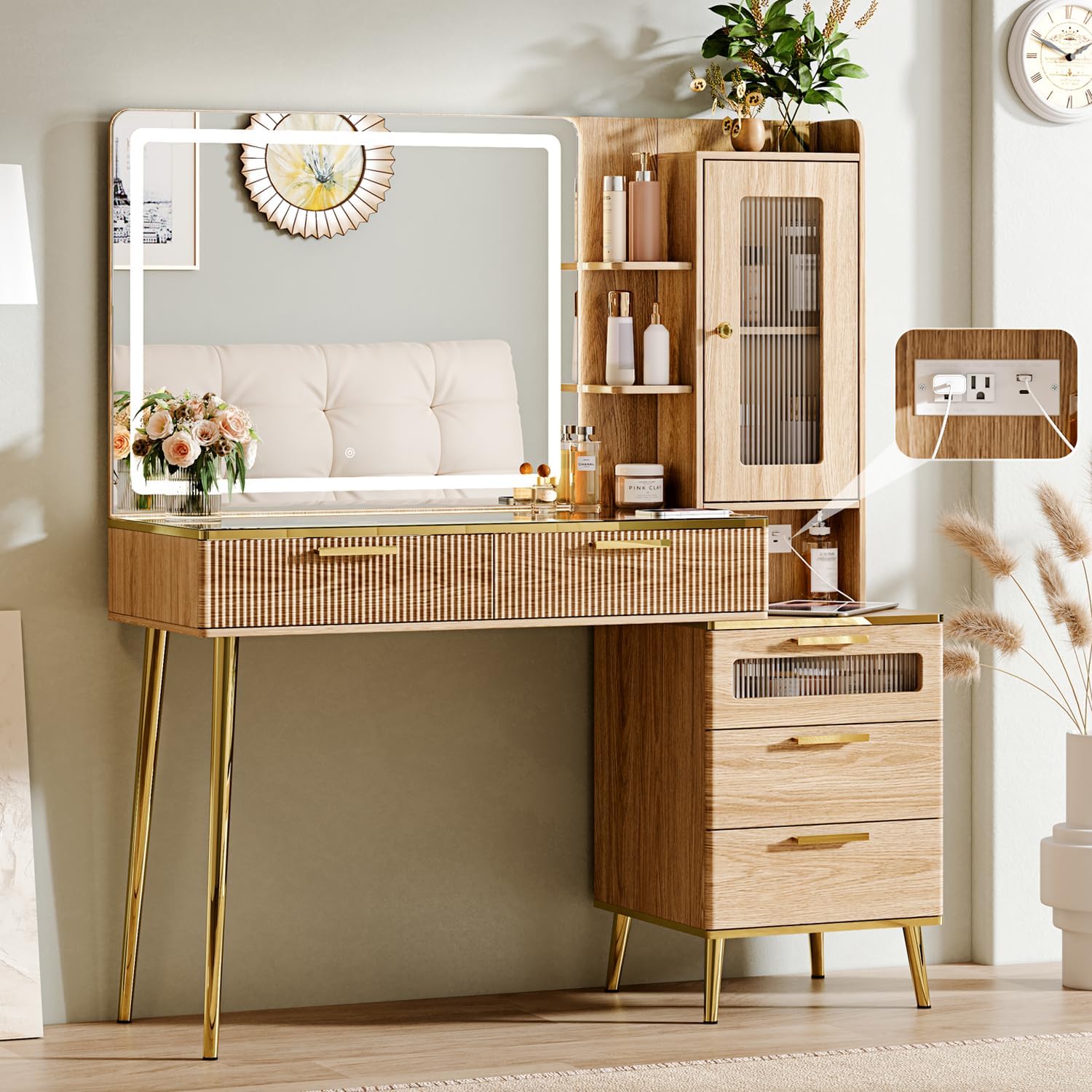 Photo 1 of **MISSING PIECES**Arulvmrn Vanity Desk with 29.53" HD Lighted Mirror, 47.24" Big Modern Vanity Desk with Mirror and Lights, Makeup Vanity with 5 Drawers and Storage Shelves and Charging Station, Oak
