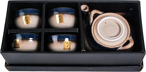 Vista 12 de Hinomaru Collection Kagetsu - Juego de té de porcelana esmaltada reactiva estilo japonés, 24 onzas líquidas, tetera con mango de ratán y cuatro