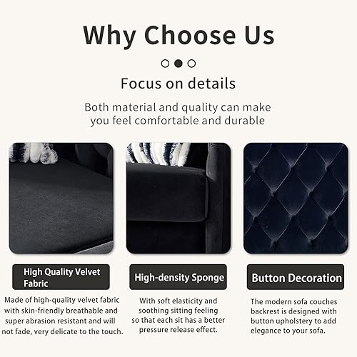 Miniatura 4 de Sofá moderno para sala de estar, sofá tapizado de terciopelo de 84 pulgadas con botones y 2 almohadas y patas de metal, muebles decorativos para