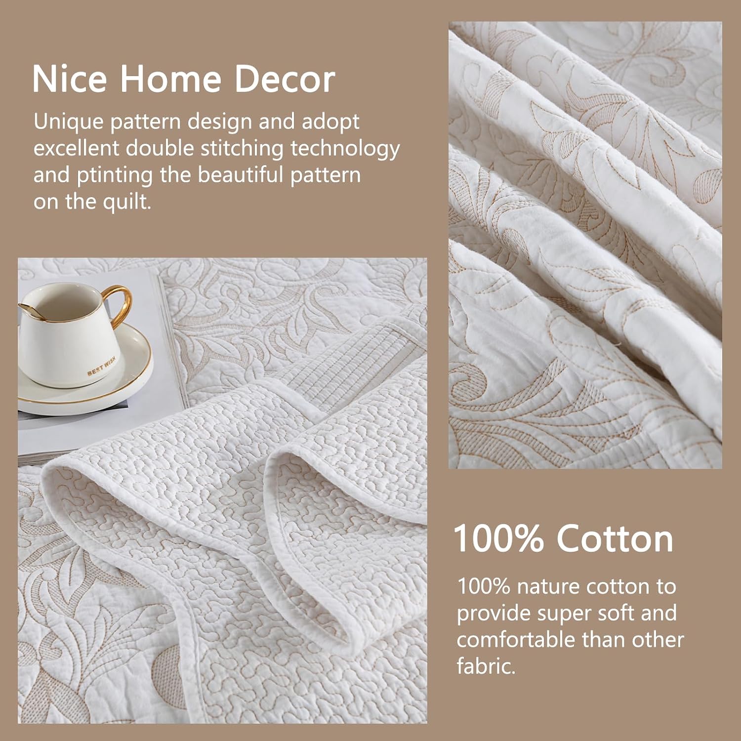 Finlonte Oversized Queen Bedspread 120"x102" - 100% Cotton Vine Embroidery Quilted Bedspread Coverlet, Lightweight Soft Extra Large Queen Quilt Set with 2 Pillowshams, White/Yellow