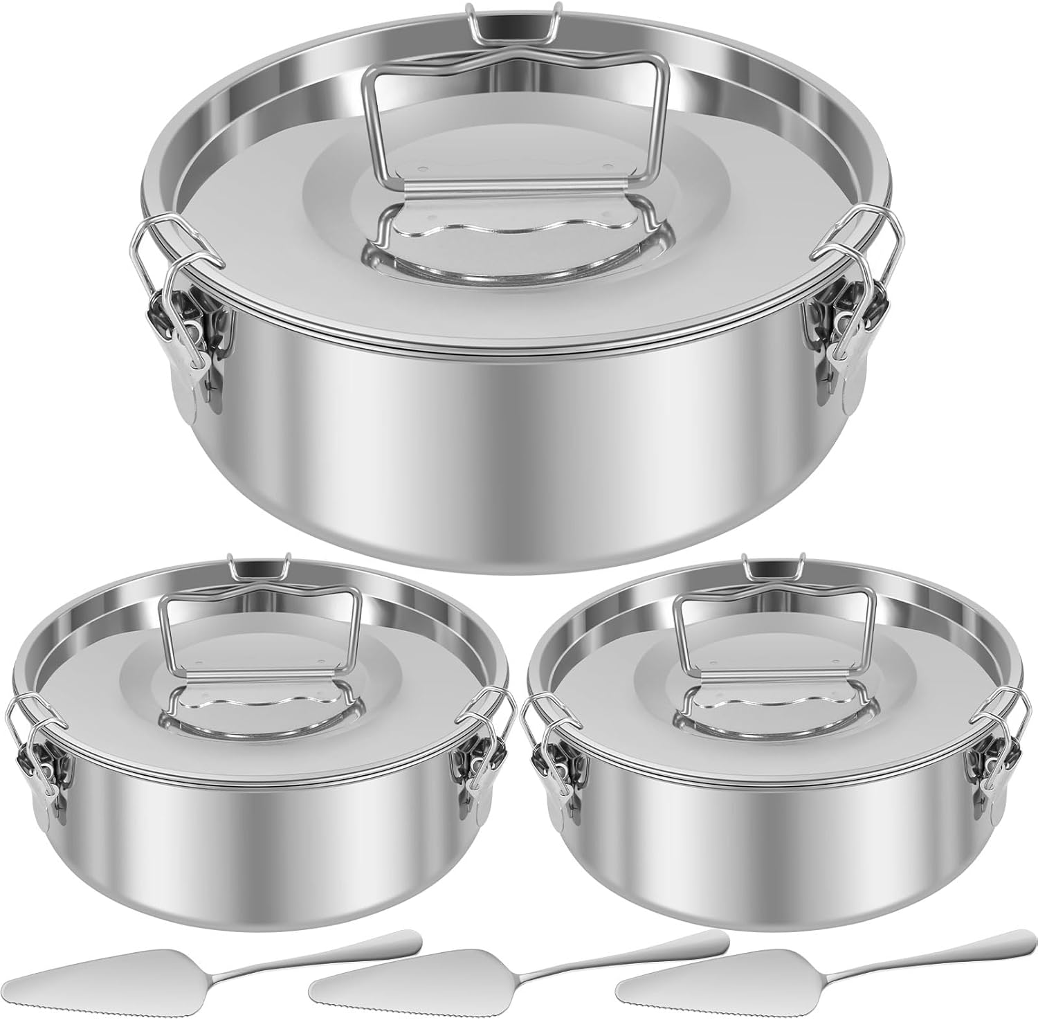 3 Pack Flan Pan Mold with Lid and Spatula 1.5QT Stainless Steel Molde Para Flan Molds Pans Containers for 6QT to 8QT Pot Baking with Water Bath 7.5 x 3 Inch