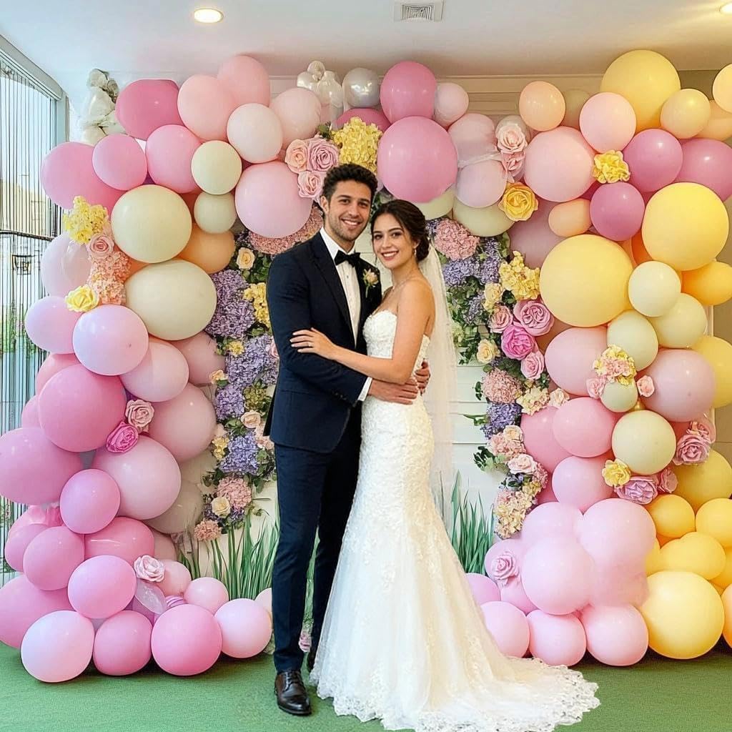 Pastel Pink Yellow Balloon Arch, Double Stuffed Light Yellow Pink Ivory Balloon Garland Kit Latex Peach White Beige Balloons for Birthday Baby Shower Easter Wedding Bridal Shower Bee Bear Party Decor