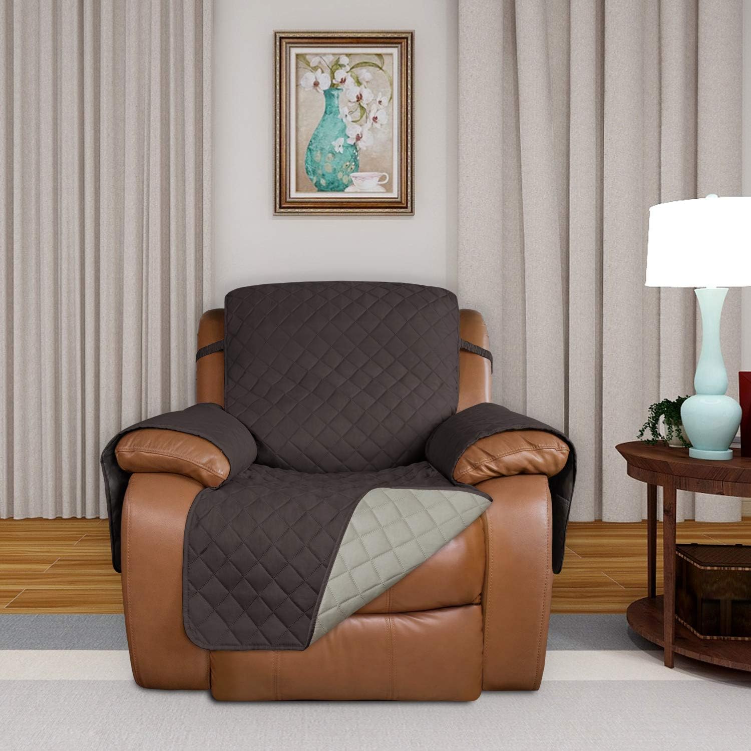 for two-seater sofa.....PureFit Reversible Quilted Oversized Recliner Sofa Cover, Water Resistant Furniture Protector, Washable Couch Cover with Elastic Straps for Kids, Dogs, Pets (Large, Chocolate/Beige)