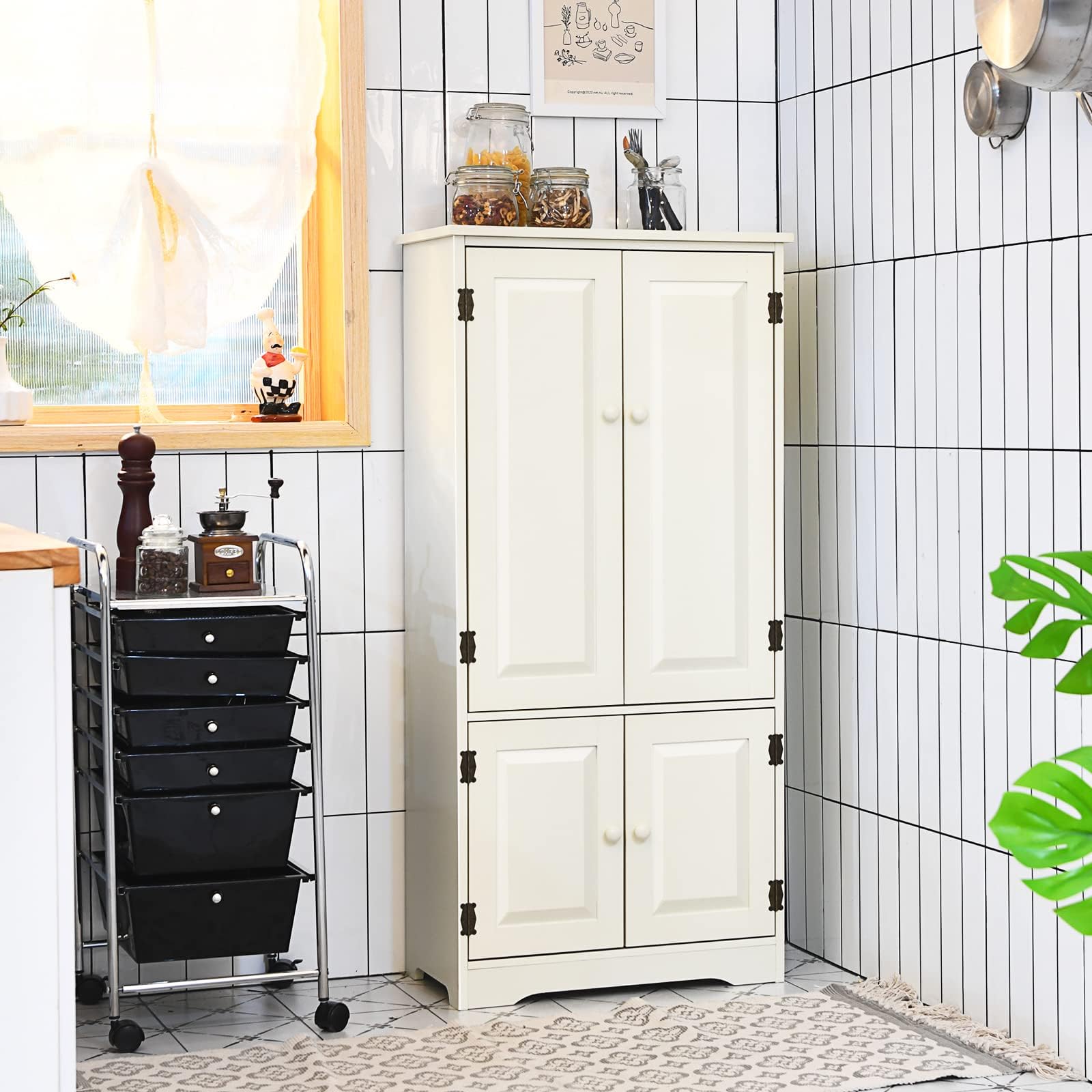 COSTWAY Uniwersalna szafka w stylu vintage, szafka na korytarz z regulowanym regałem, szafka łazienkowa na pranie, drewniana szafka do przechowywania, styl dworkowy, do kuchni, salonu, sypialni (biała