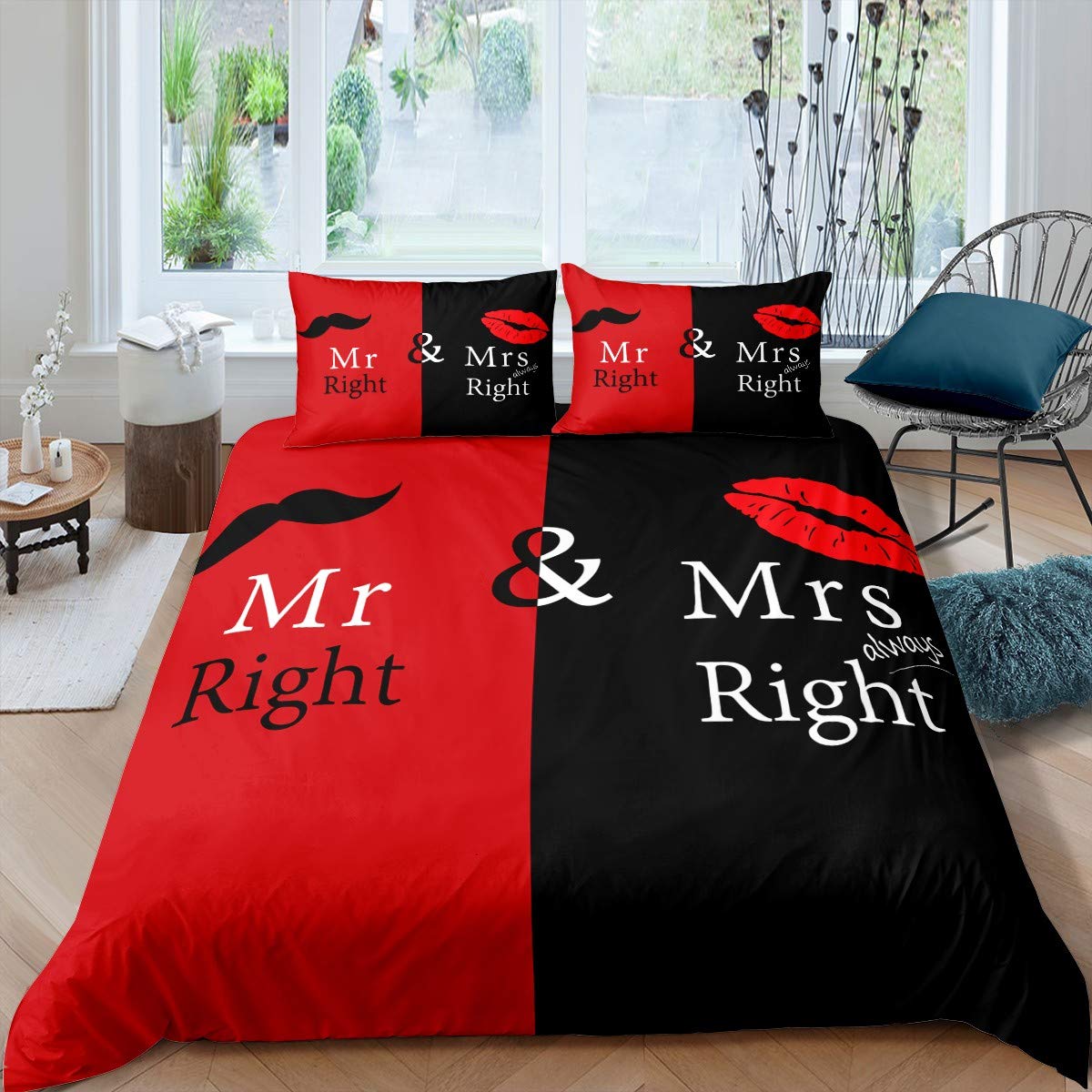 Housse de couette Mr Mrs noir et rouge en taille S avec citation