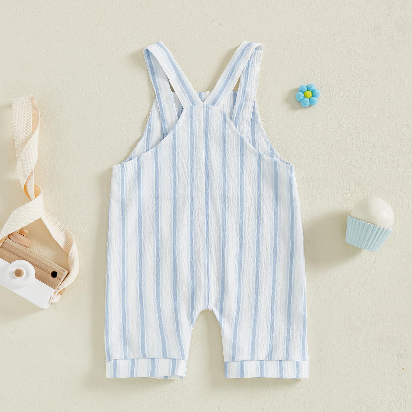 GINEVSAL Baby Boy Summer Overalls Sleeveless Square Neck Stripes Print Duck Sailboat Tool Suspender Romper Newborn Jumpsuit (Sky Blue, 3-6 Months)