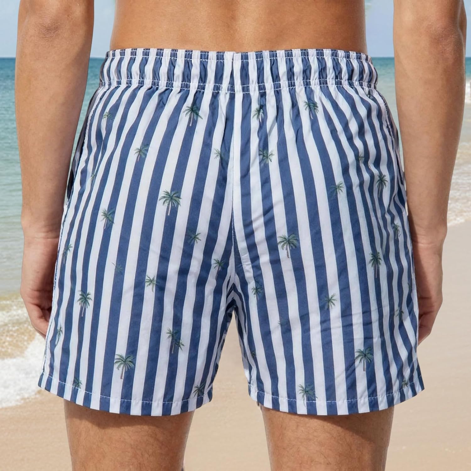 Mens Swim Trunks No Liner Quick Dry Boardshorts Striped Casual Coconut Tree Print Summer Beach Shorts