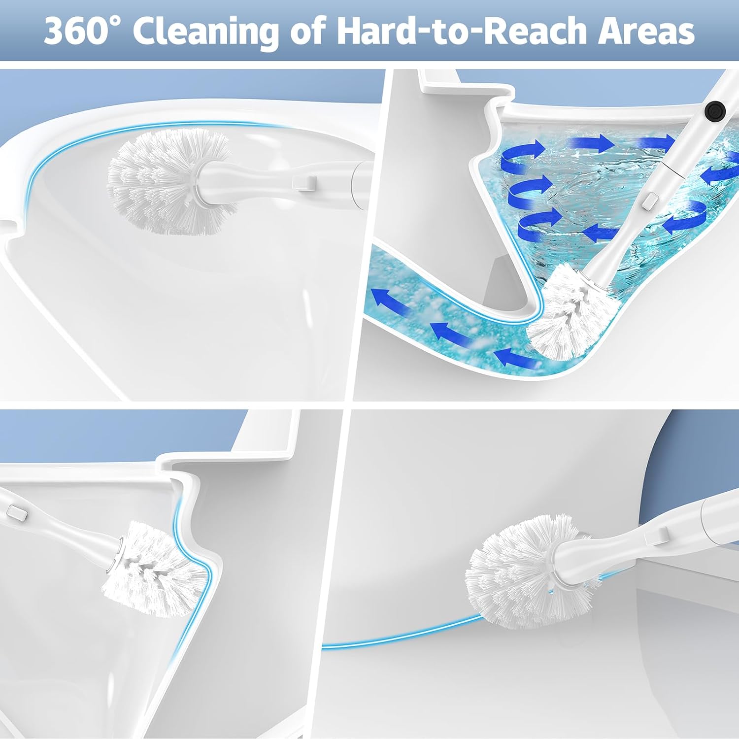 Electric Toilet Brush and Holder Set, Electric Toilet Bowl Brush, Toilet Brush Cleaner Set with 5 Refills Disposable Cleaner Brush, Floor Standing, Wall Mounted Without Drilling, Rechargeable, White
