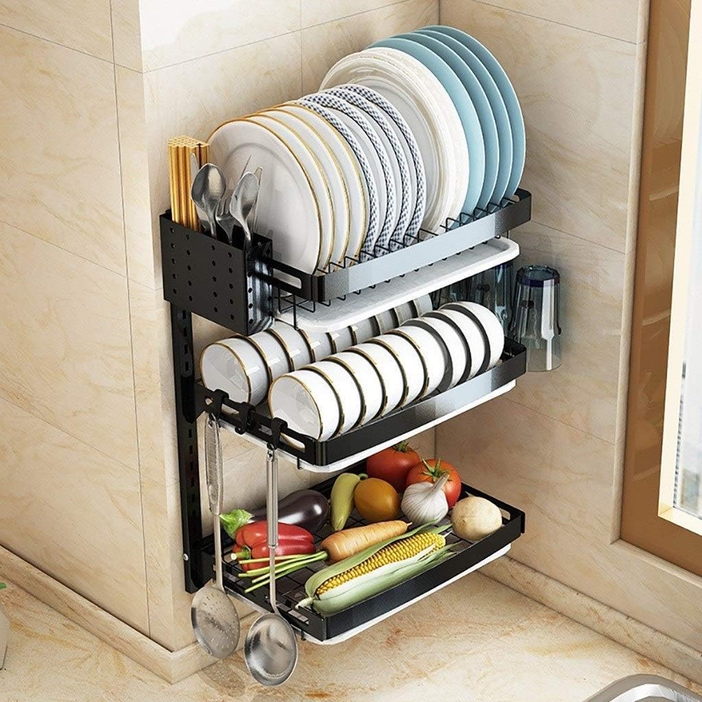 Dish Drying Rack Dish Drying Racks,Wall-Mounted Storage Rack for Drying Dishes,3-Layer Stainless Steel Dish Rack,Kitchen Storage Rack with Chopstick Holder and Holder